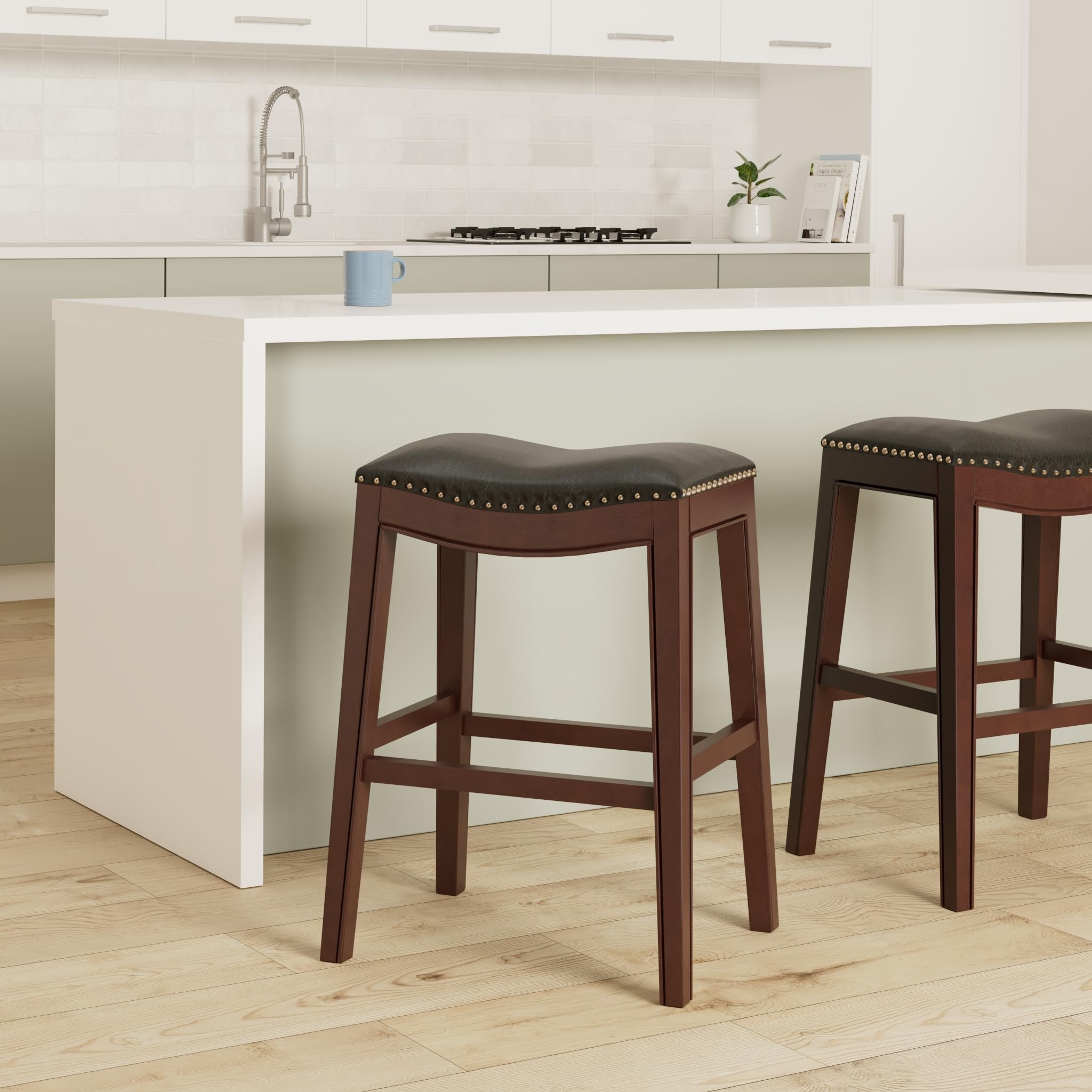 Flash Furniture Alphus 30'' High Backless Cappuccino Wood Barstool with Black LeatherSoft Saddle Seat
