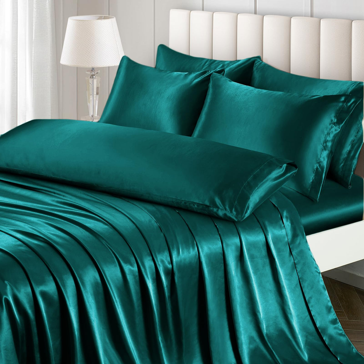 Ersmak 7 Pieces Satin Sheets Set King Size, Luxury Silky Teal Satin Bed Sheets Set With 1 Deep Pocket Fitted Sheet, 1 Soft Flat