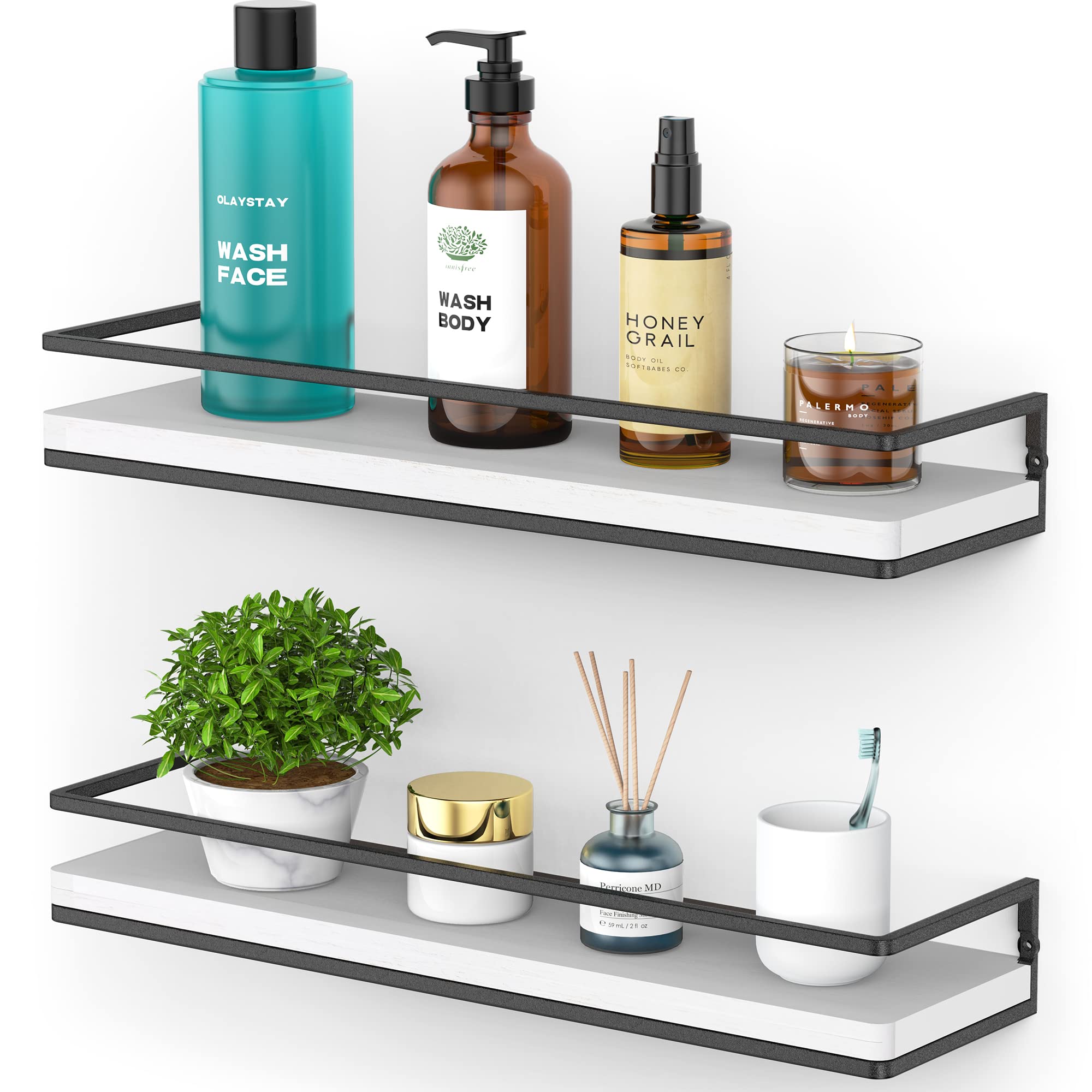 Meangood Floating Shelves Wall Mounted Set of 2, Rustic Wood Wall Storage Shelves for Bedroom,Living Room,Bathroom, Kitchen (Whi