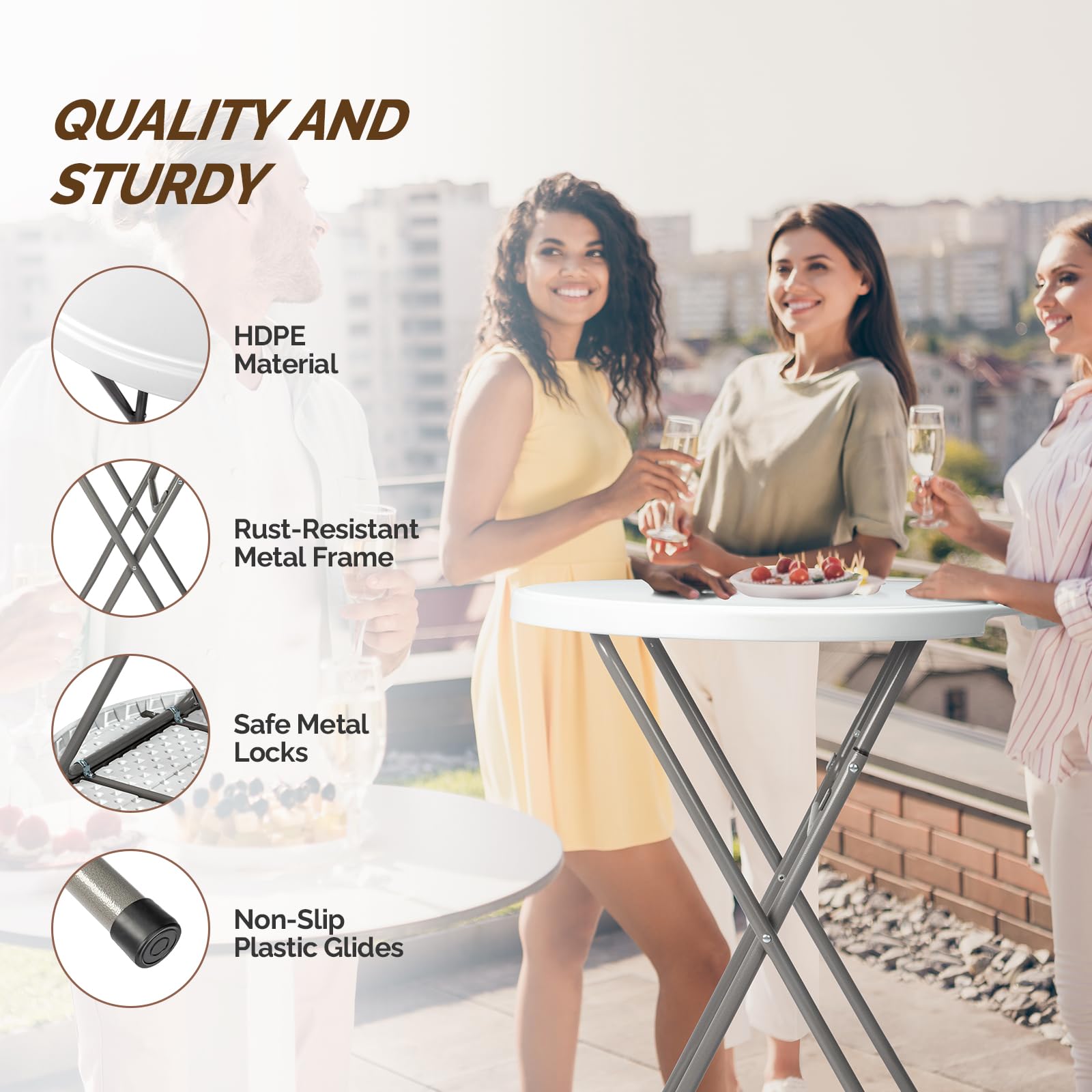 Vingli 32' Plastic Folding Round Table Bar Height, Hdpe Matrial With Gray Metal Finish, High Top Table For Outdoor Party, Cafes, Restaurants, Backyard, Dining Room, Wedding Event,1 Pack, White