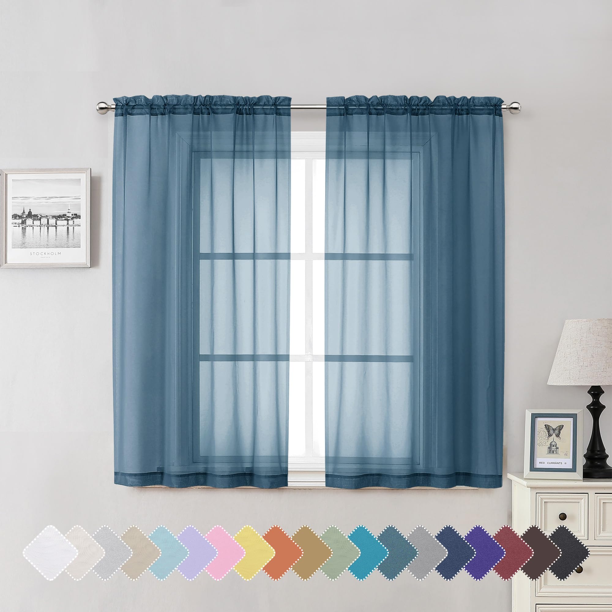 Sheer Curtains 54 Inches Length 2 Panels, Light Filtering Voile Curtain Drapes For Kitchen Bedroom Windows, Dual Rod Pocket Livi