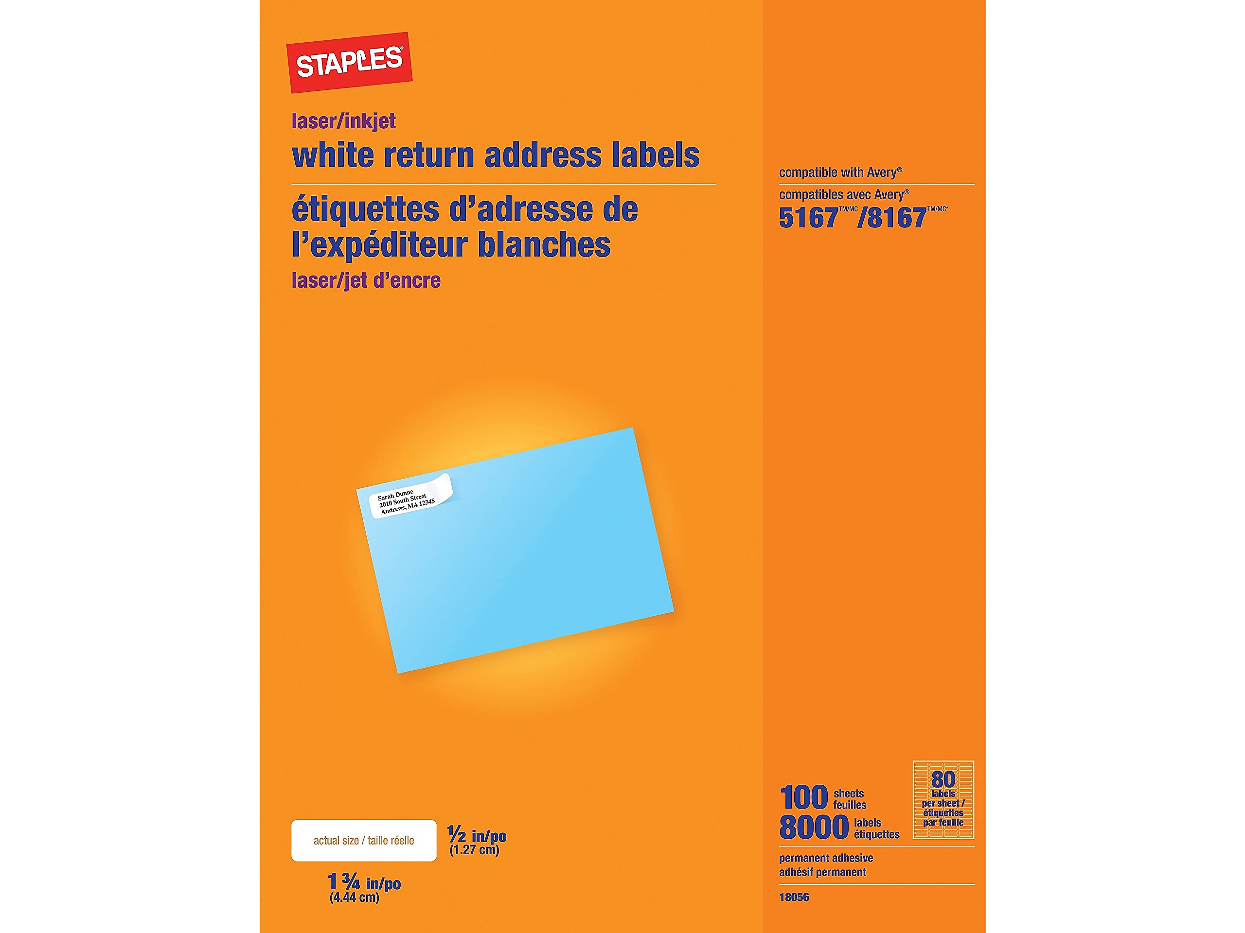 Staples 573945 Laser/Inkjet Shipping Labels 0.5-Inch W X 1.75-Inch L White 80 Labels/Sheet