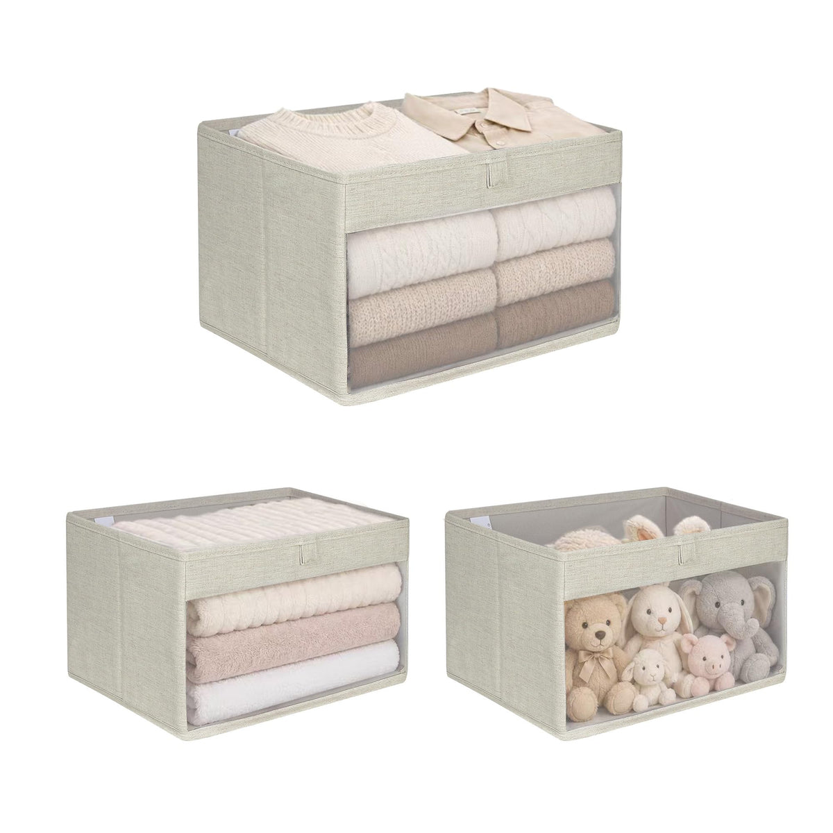 WUIKE Closet Storage Bins, Clear Window, Linen Beige, Large, 3Pack