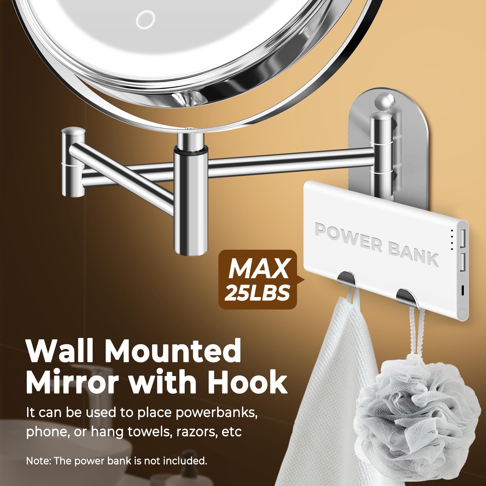 Conlwin 9' Wall Mounted Lighted Makeup Mirror, 3000Mah Rechargeable Double Sided 1X/10X Magnifying Mirror With Hook,3 Color Lig