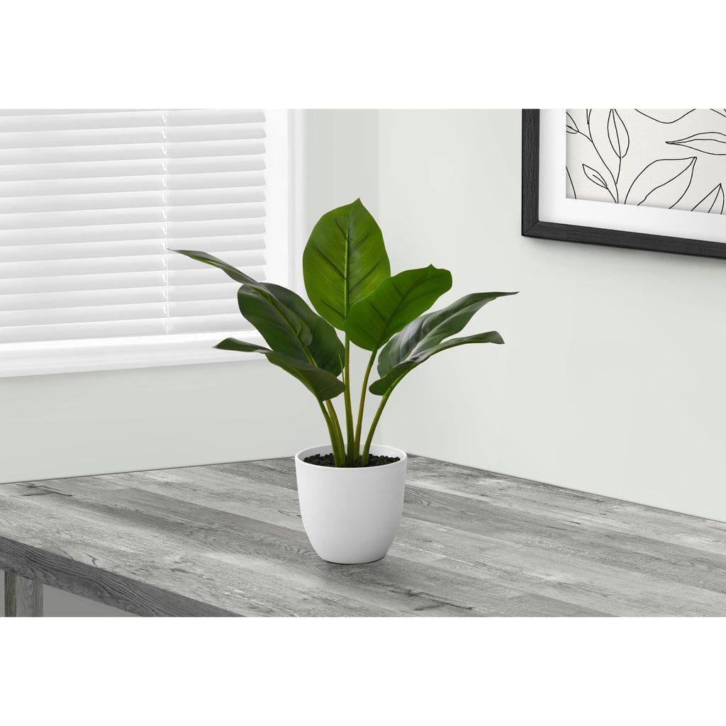 Monarch Specialties I 9502 Artificial Plant 17" Aureum Green Leaves Metal White Pot