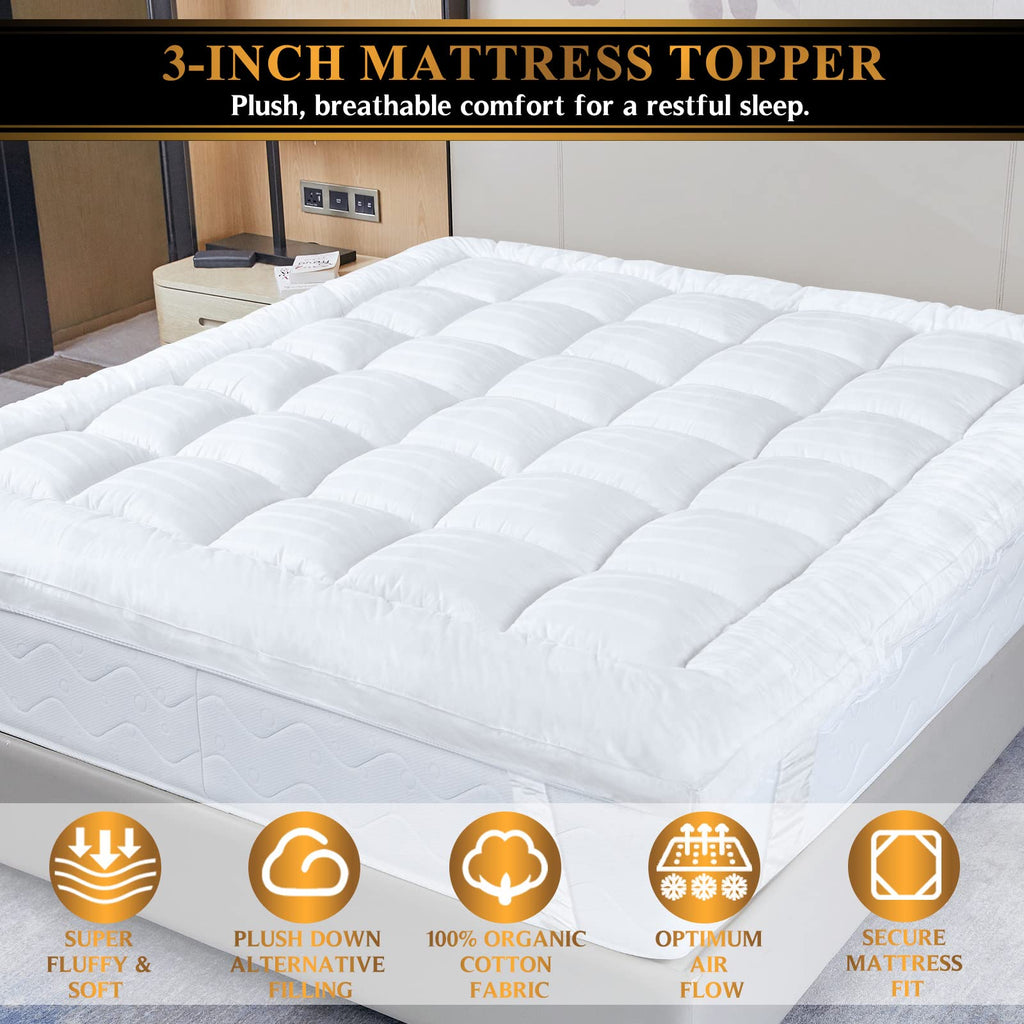 Extra Thick Pillow Top 3 Inch Mattress Topper Queen Size For Firm Mattress, Cooling Fluffy Cotton Hotel Mattress Bed Topper For