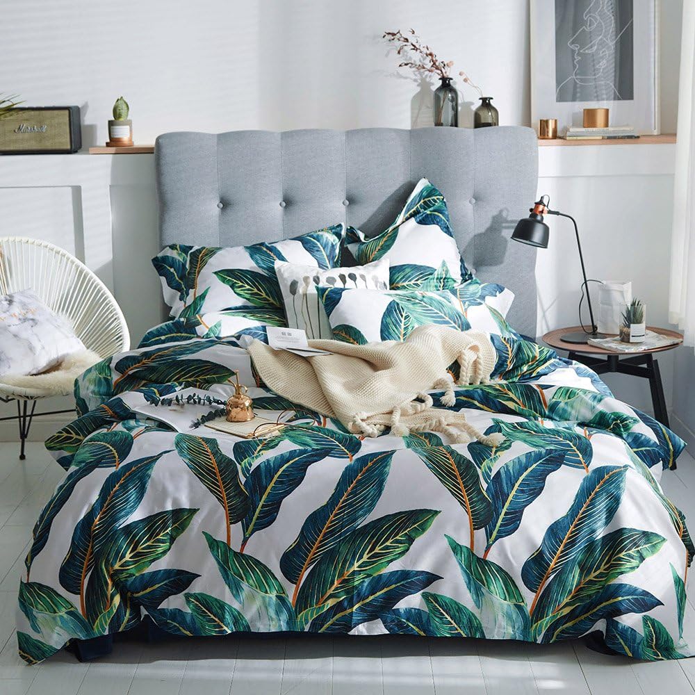 Green Leaves Duvet Cover Set Queen Luxury Soft 100% Cotton Comforter Cover Tropical Leaf Tree Comforter Cover Floral Botanical B