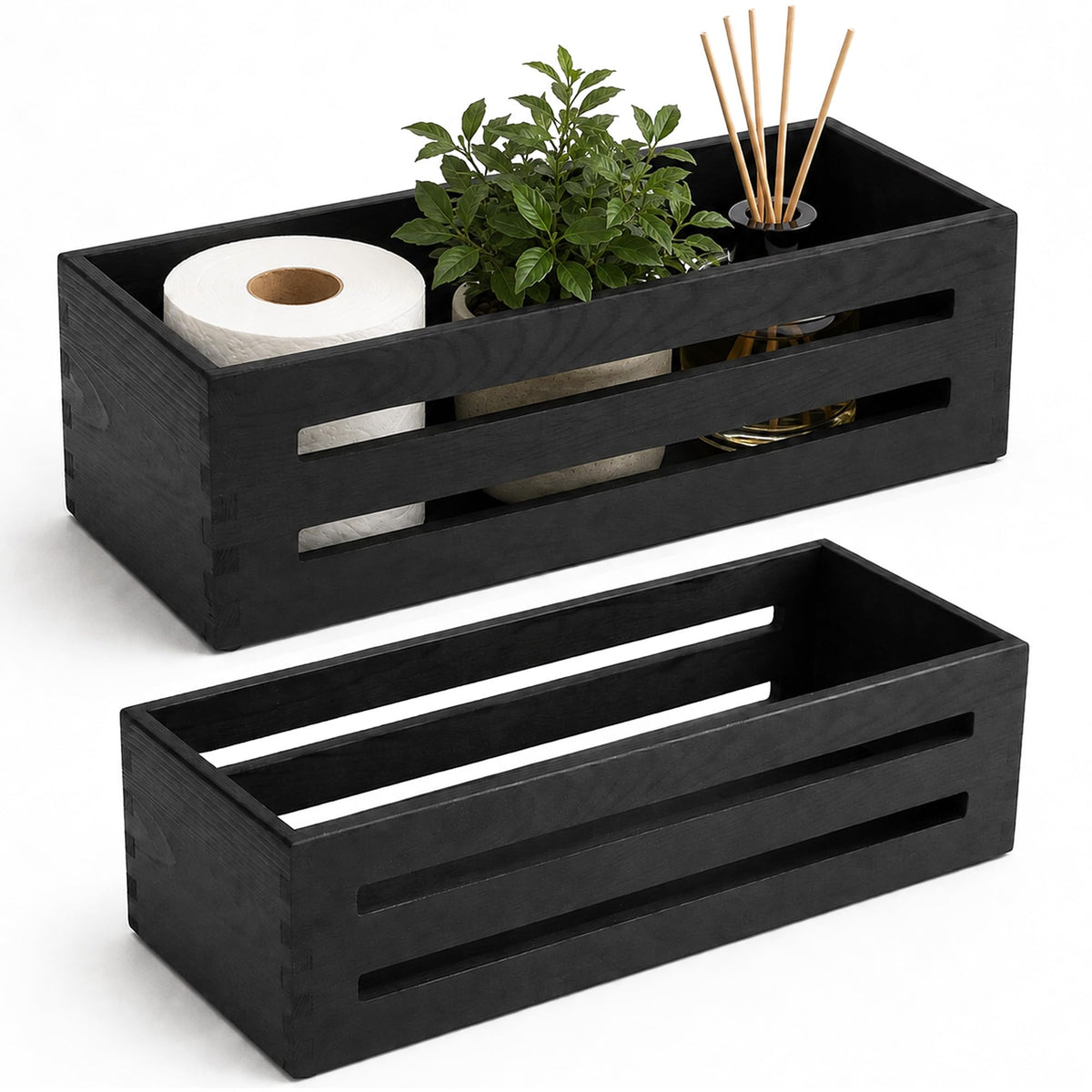 LotFancy Bathroom Decor Box, 2 Pack Wooden Toilet Paper Holder, Black Toilet Tank Basket, Back of Toilet Storage Basket, Farmhou