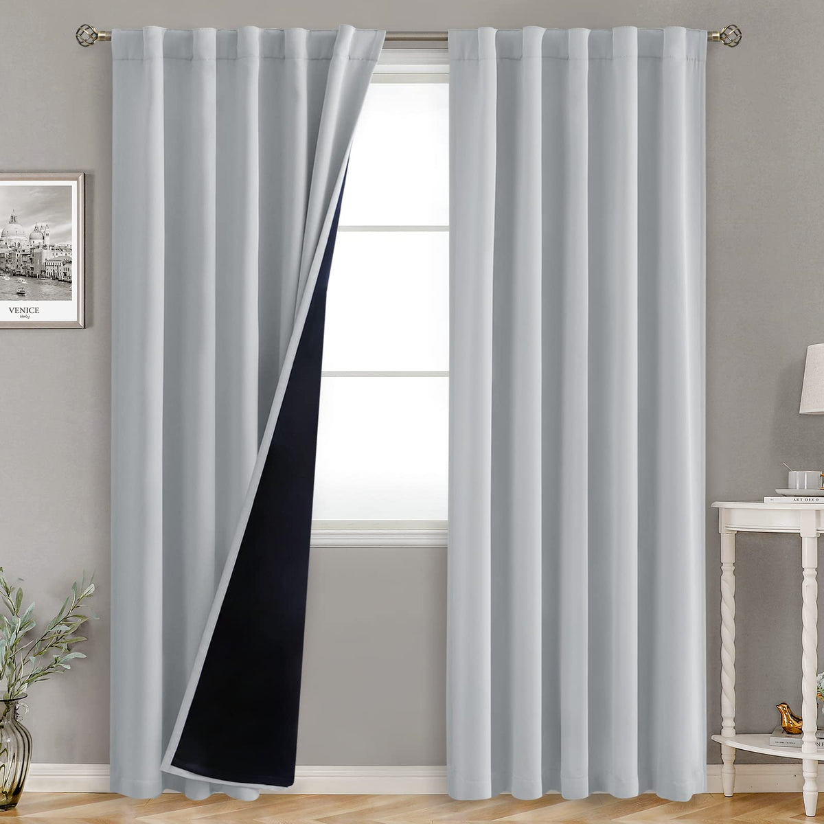 Bgment Light Grey 100% Blackout Curtains 84 Inches Long With Reducing Noise Liner, Rod Pocket And Back Tab Double Layer Full Roo