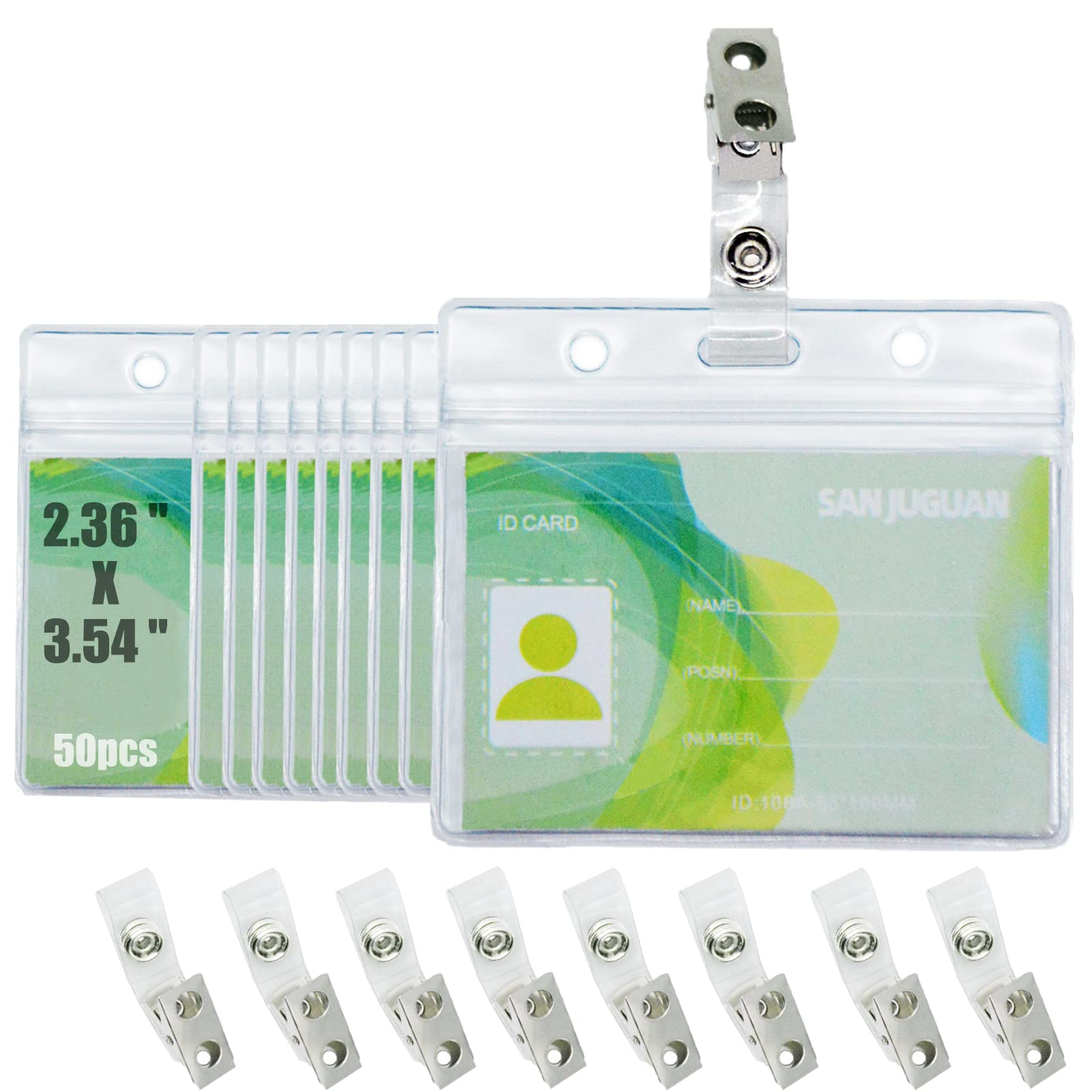 Sanjuguan Badge Holder With Clips And Vinyl Straps(Horizontal, 50 Pack),Id Badge Holder With Waterproof Resealable Zip, Name Bad