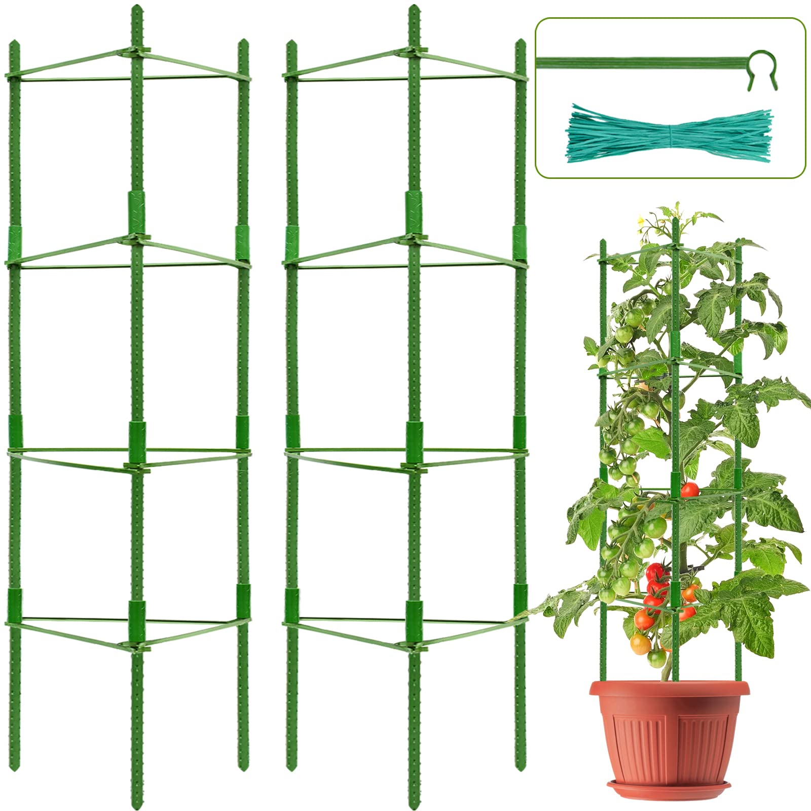 Halatool 2 Packs Tomato Cages, Up To 62In(5.2Ft) Tomato Trellis Expandable Tomato Cage With 60 Twist Ties Tall Tomato Cages With
