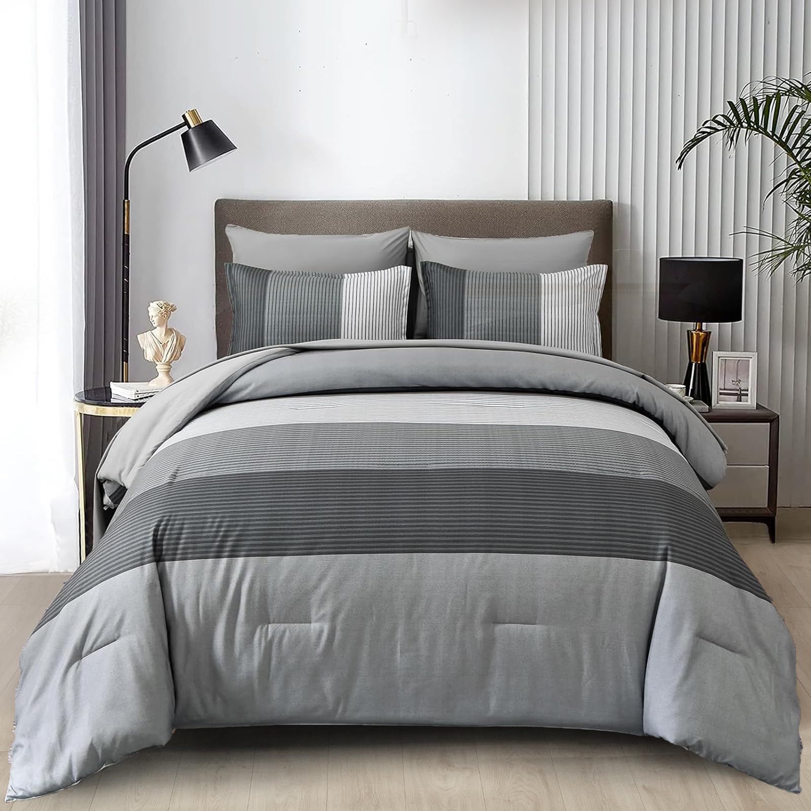 Wongs Bedding Grey Comforter Set Queen, Reversible Grey Striped Patchwork Down Alternative Comforter For Queen Bed,3 Pieces (1 C