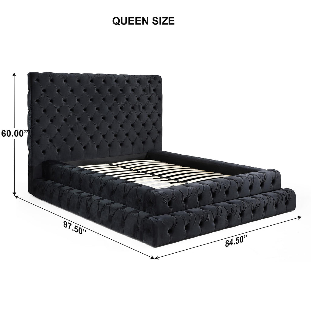 Better Home Products Eleonora Velvet Queen Bed - Luxurious Upholstered Design with Deep Button Tufting in Black (Balck, Queen)