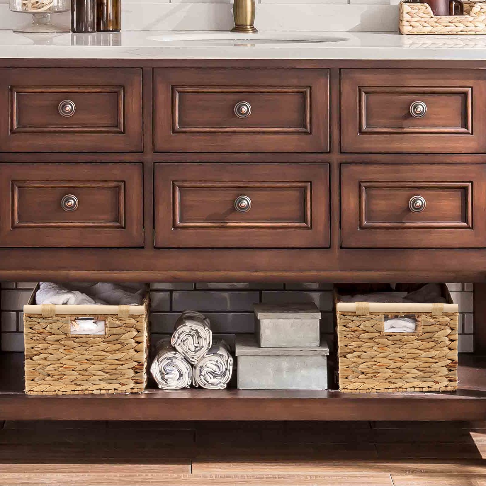 Bstnasi Large Rectangular Wicker Basket With Built-In Wooden Handles, Water Hyacinth Woven Basket For Organizing, Utility Shelve