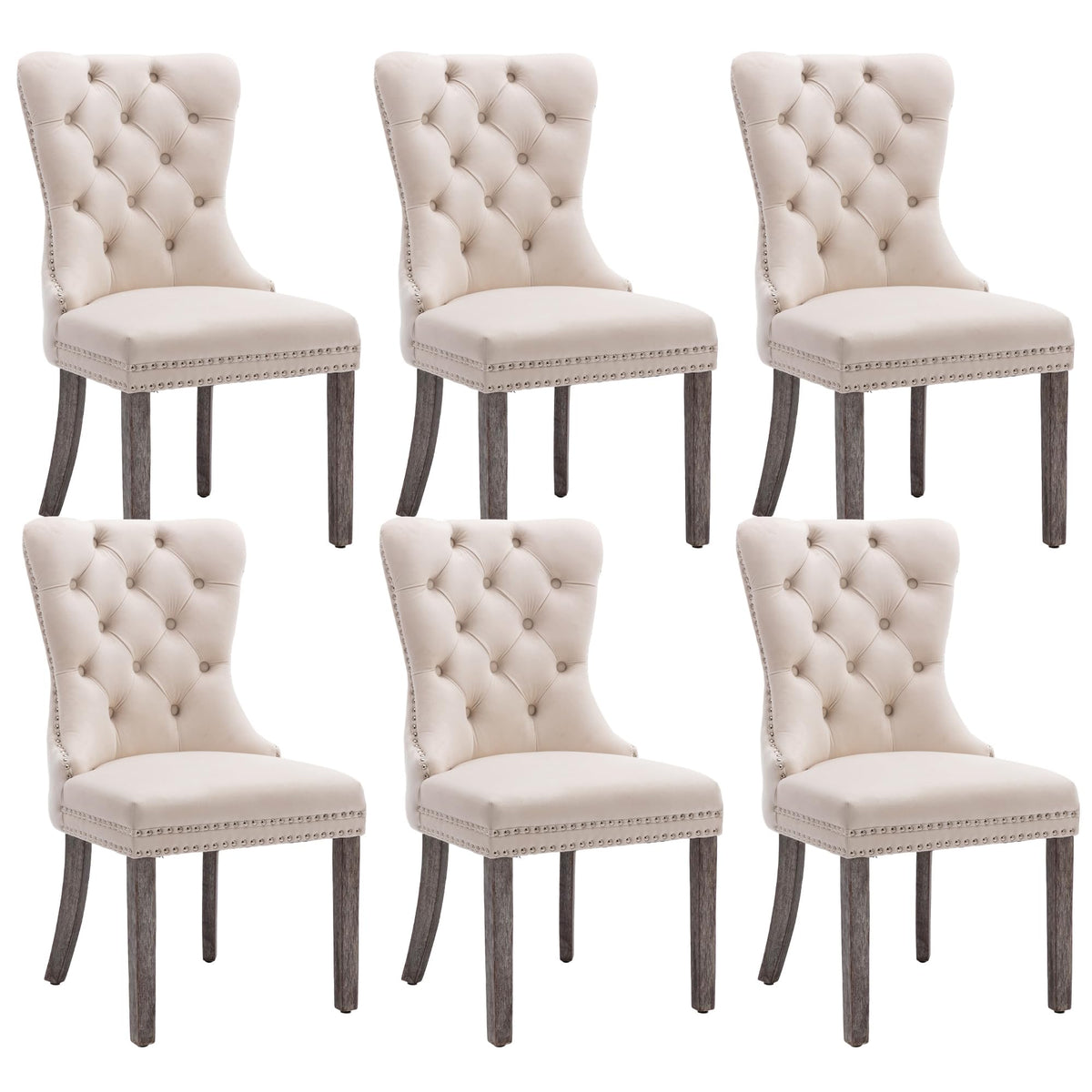Kcc Velvet Dining Chairs Set Of 6, Upholstered High-End Tufted Dining Room Chair With Nailhead Back Ring Pull Trim Solid Wood Legs, Nikki Collection Modern Style For Kitchen, Beige