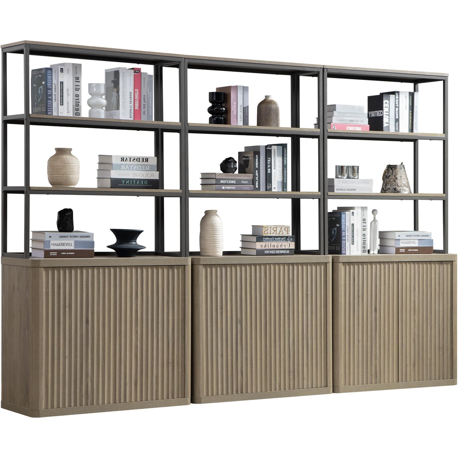 SICOTAS Book Shelf Fluted Bookshelf 71  Tall Bookcase with Doors Storage 5 Tier Mid Century Modern Bookshelves Large Shelves Met