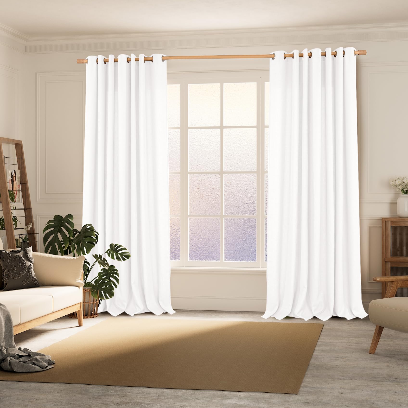 Bgment Faux Linen Pure White Curtains 90 Inches Long Set Of 2 Panels, Living Room Long Curtains Burlap Textured Thick Light Filtering Privacy Grommet Window Treatments, 52 X 90 Inch