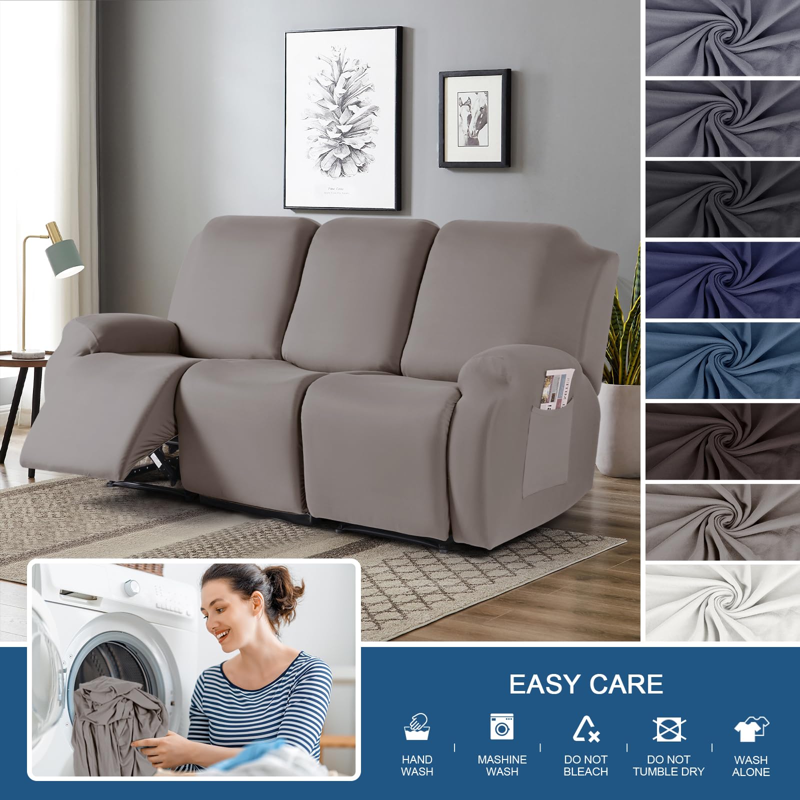 Taococo Stretch Recliner Sofa Covers 3 Pieces Couch Covers For 3 Seat Reclining Sofa, Soft Polyester Fabric Washable Furniture P