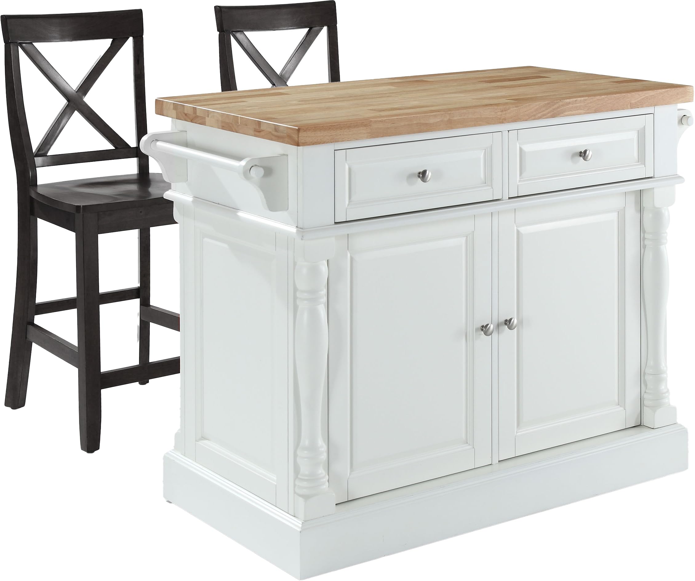 Crosley Furniture Oxford Butcher Block Kitchen Island, Coffee Bar, with a Set of 2 X-Back Stools, White