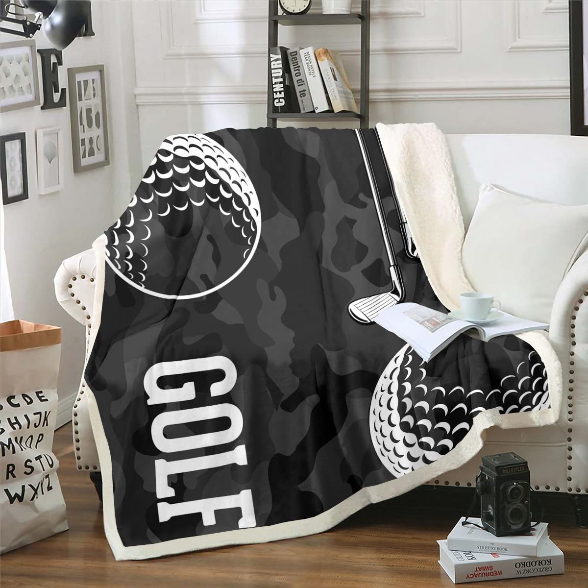 Golf Print Sherpa Blanket Black Camo Blanket Kids Boys Teens Camouflage Throw Blanket Throw For Chair Sports Themed Fleece Blank