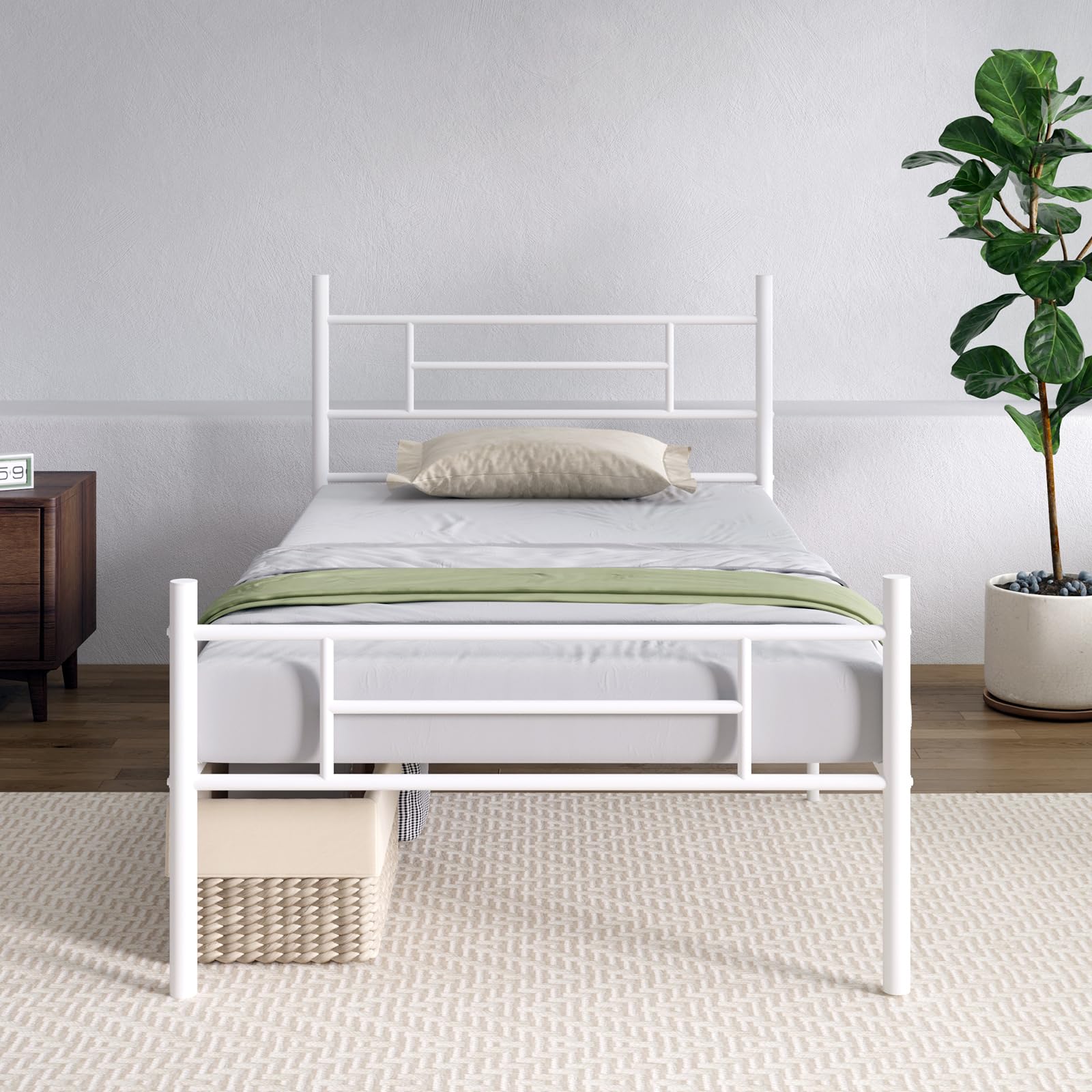 Novilla Twin Bed Frame With Headboard And Footboard, 14 Inch Metal Platform Bed Frame With Under Bed Storage, No Box Spring Needed, Strong Metal Slats Support, White