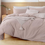 Nexhome Pro Duvet Cover Set 100% Washed Cotton Full Size Linen Feel Textured Organic Natural 3 Pieces Bedding Set Greyish Light Pink With Zipper Closure And Corner Ties, Breathable(No Comforter)