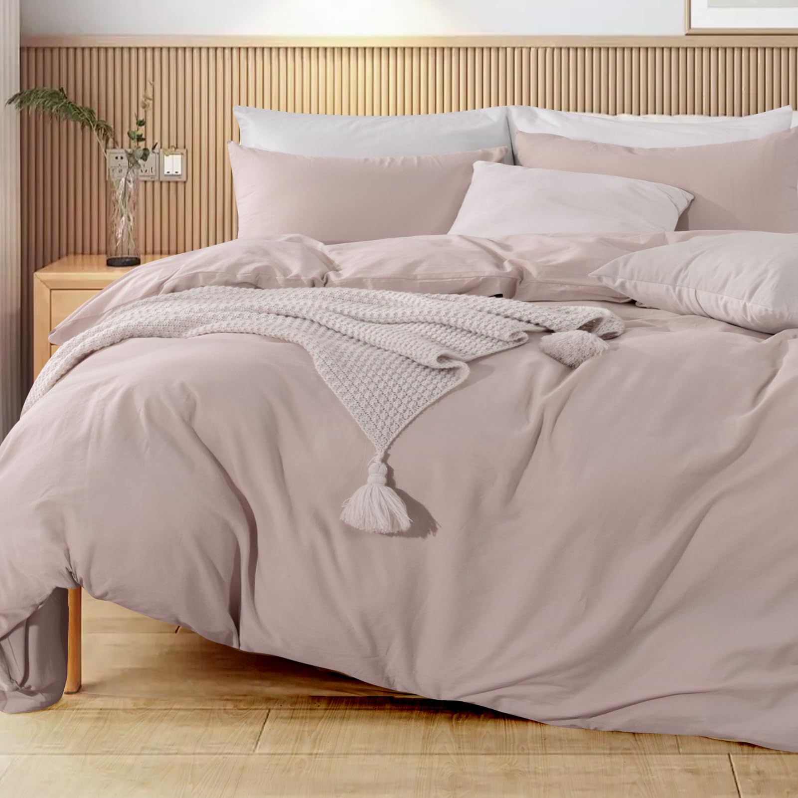 Nexhome Pro Duvet Cover Set 100% Washed Cotton Full Size Linen Feel Textured Organic Natural 3 Pieces Bedding Set Greyish Light Pink With Zipper Closure And Corner Ties, Breathable(No Comforter)