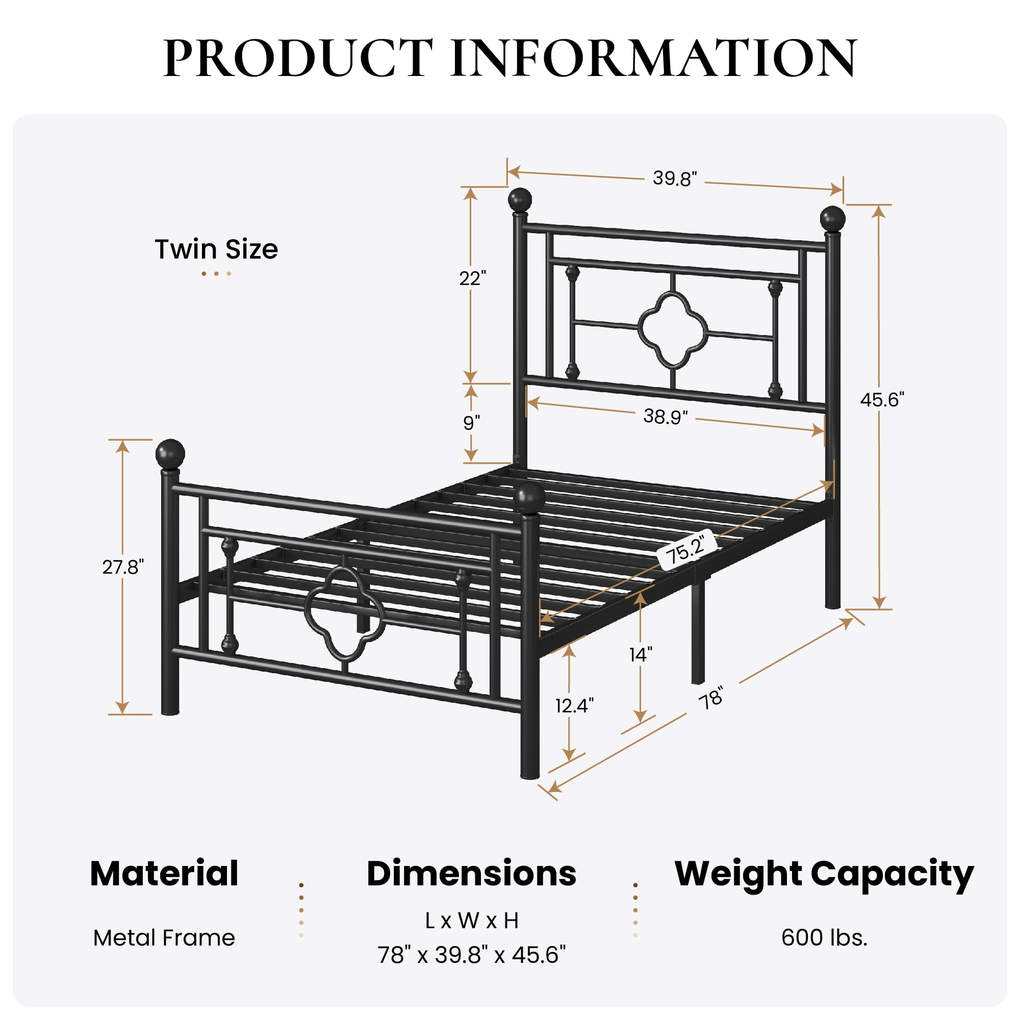 Sha Cerlin 14 Inches Twin Size Metal Platform Bed Frame/Vintage Iron-Art Headboard And Footboard/Mattress Foundation For Storage/No Box Spring Needed/Noise-Free/Easy Assembly/Black