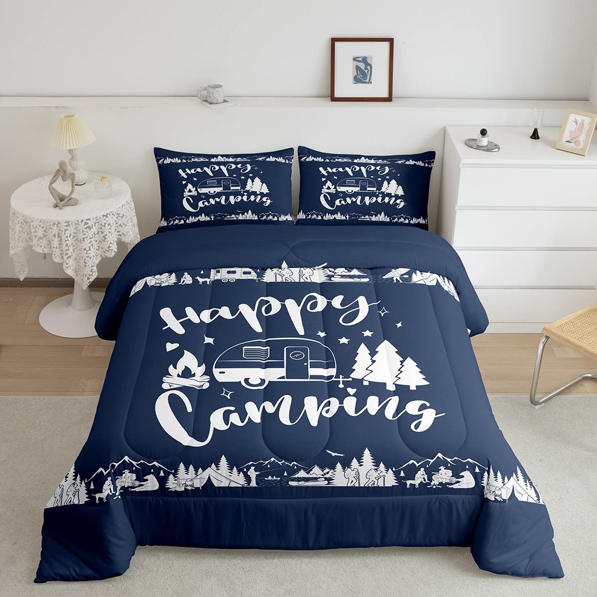 Happy Camping Comforter Set Full Size,Camper Rv Trailer Decor Rustic Bedding Set 3Pcs For Kids Boys Girls Adults,Mountain Travel