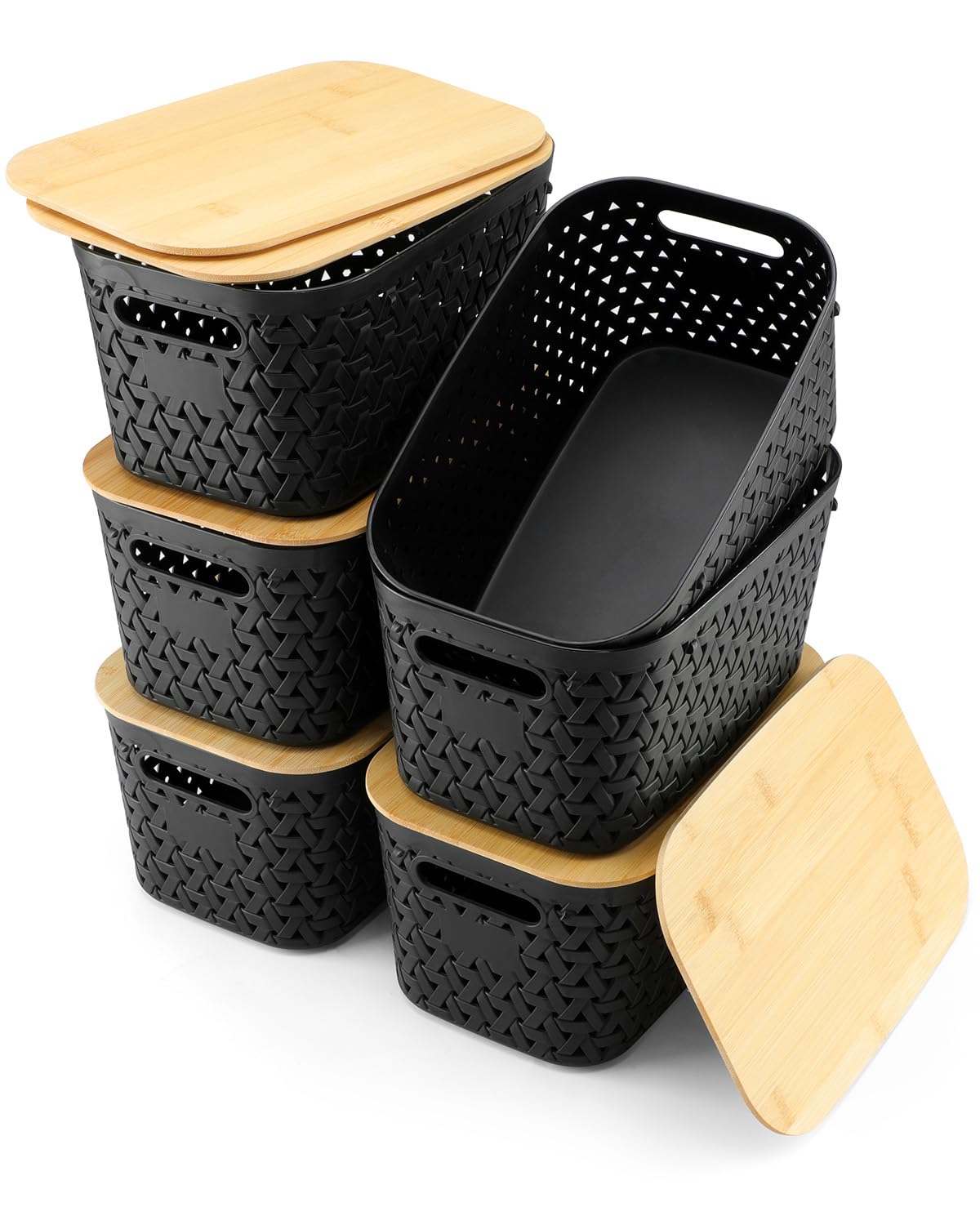 AREYZIN Storage Bins with Bamboo Lids 6 Pack Lidded Storage Container Plastic Baskets Organizer Bins for Organizing Kithen Room 