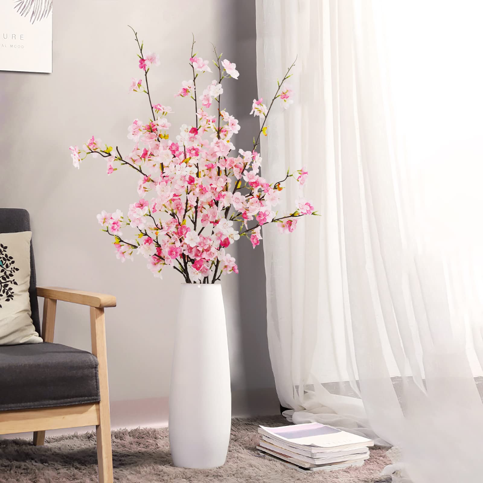 Obbsie 4Pcs Artificial Cherry Blossom Flower Branches, 39.4' Fake Silk Pink Cherry Blossom Tree Stems Faux Cherry Flowers Vase