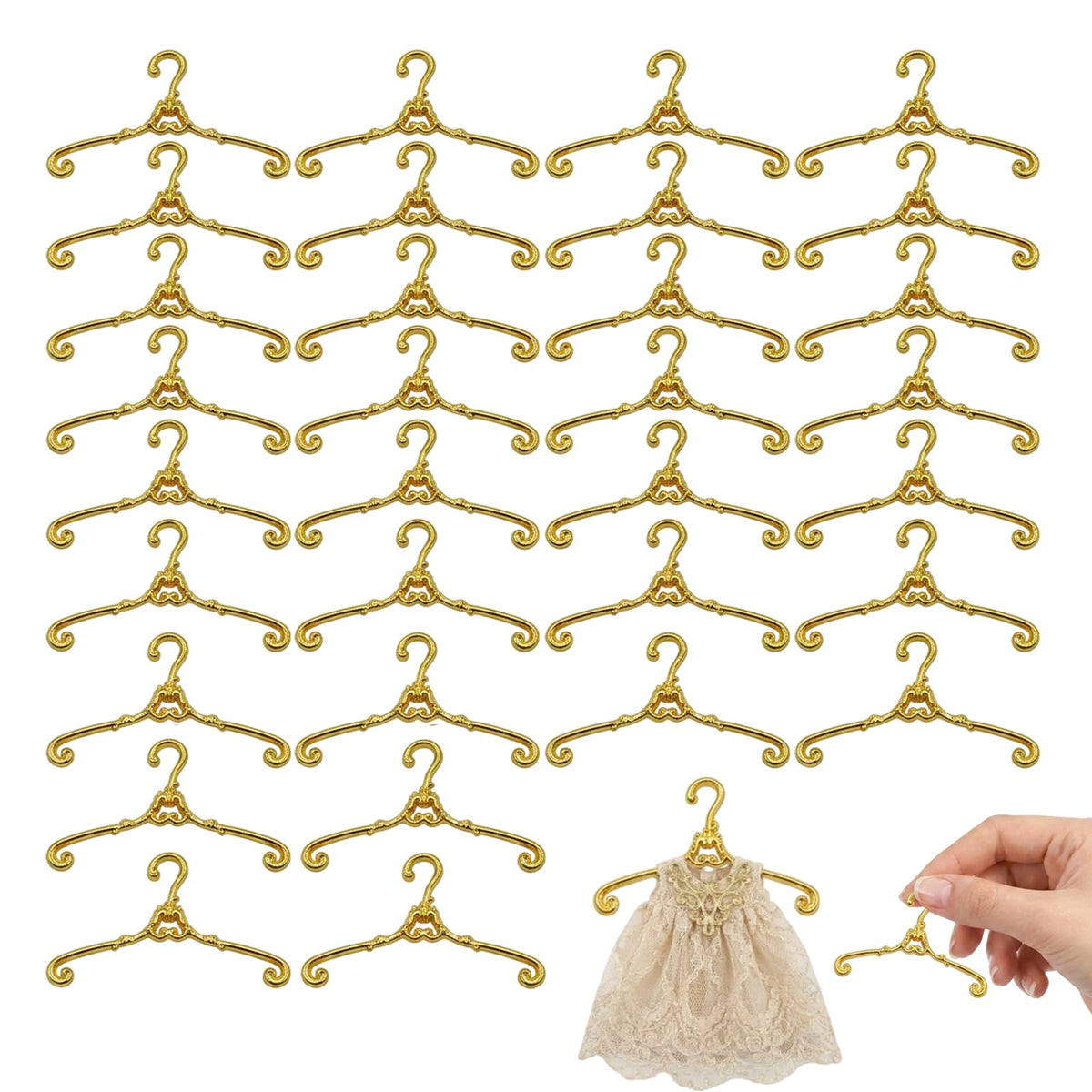 30 PCS Doll Clothes Hangers, Doll Hangers for Doll Closet, Mini Hangers for Doll Wardrobe Organization, Vintage Gold Doll Hanger