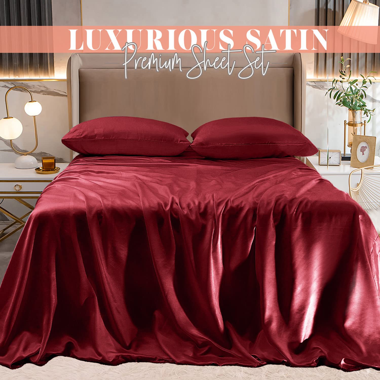 Elegant Comfort Luxurious 4-Piece Silky Satin Sheet Set, Skin And Hair Friendly, Wrinkle, Fade, Stain Resistant With Deep Pockets Fitted Sheet, Cooling Soft Satin Sheet Set, Full, Burgundy
