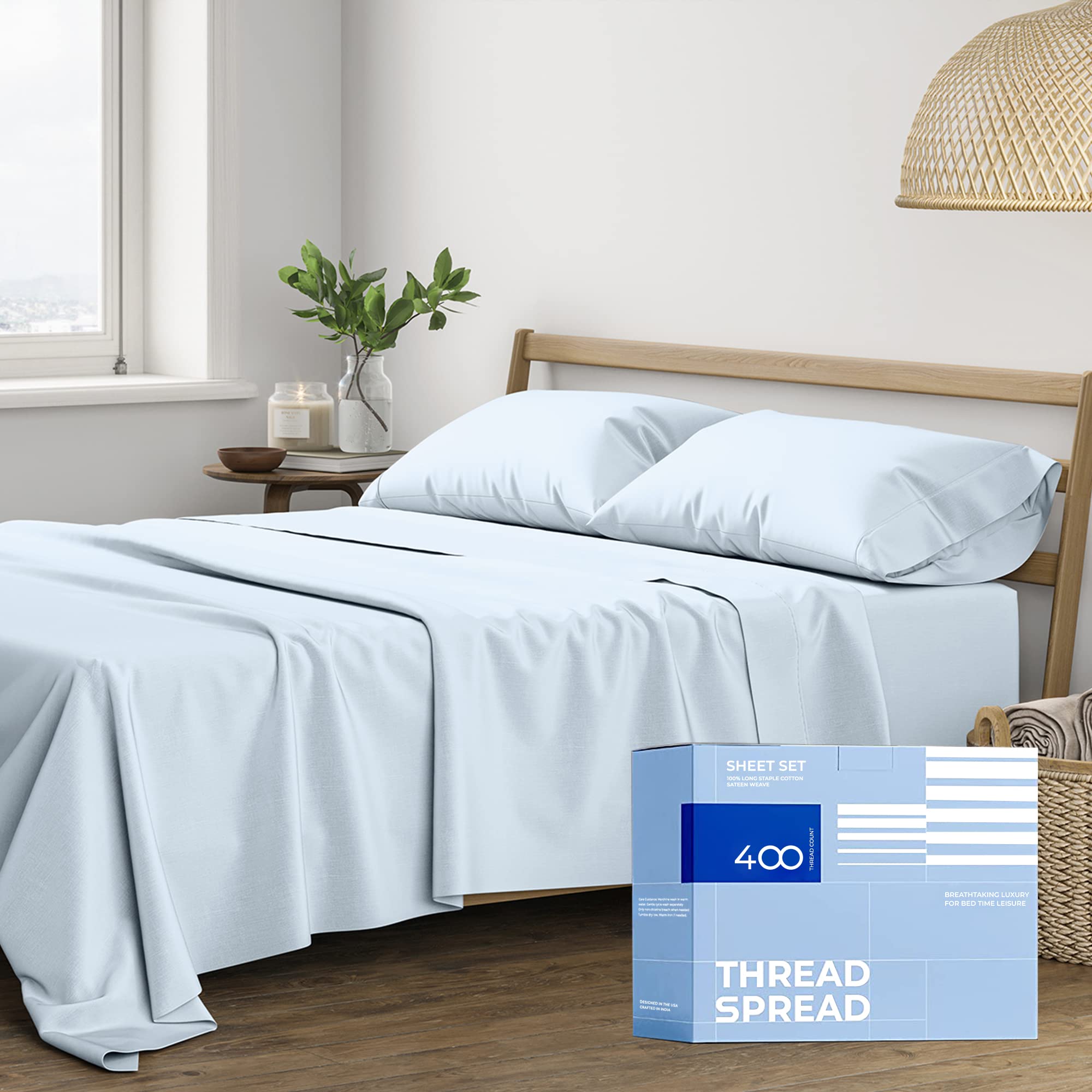 Thread Spread 100% Cotton Sheets King Size - 400 Thread Count 4 Piece 100% Cotton Sheets For King Bed, Deep Pocket King Size Cot