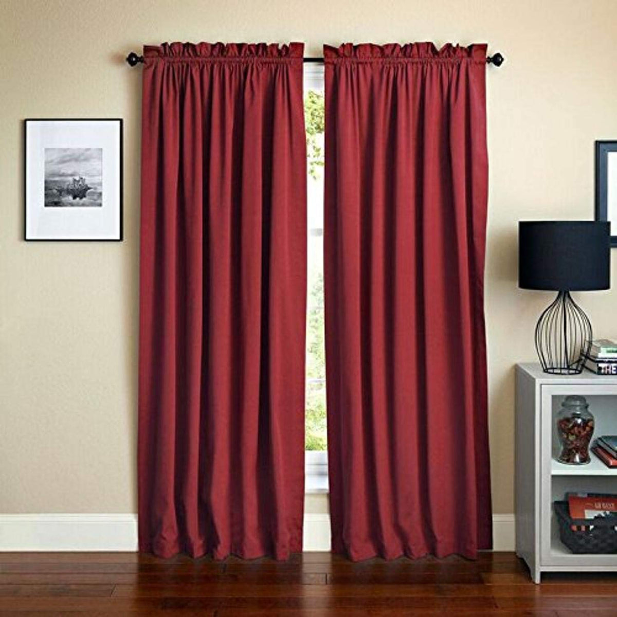 Blazing Needles Reversible Rod Pocket Room-Darkening Twill Curtain Panels, 84&quot; by 52&quot;, Ruby Red 2 Count