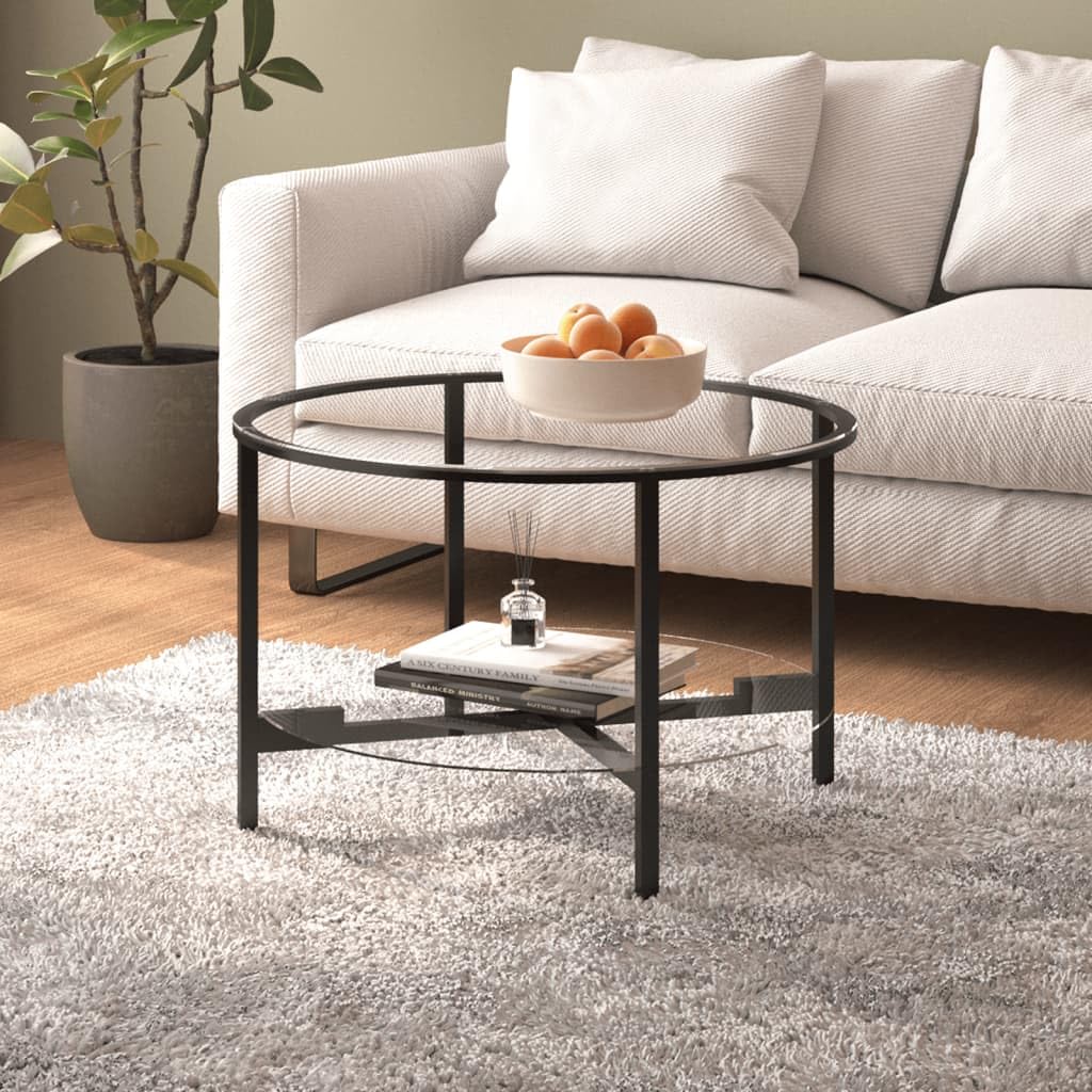 vidaXL Black and Transparent Tempered Glass Tea Table - Modern Multi-use Accent Table with 2-Tier Storage for Living Room, Lounge