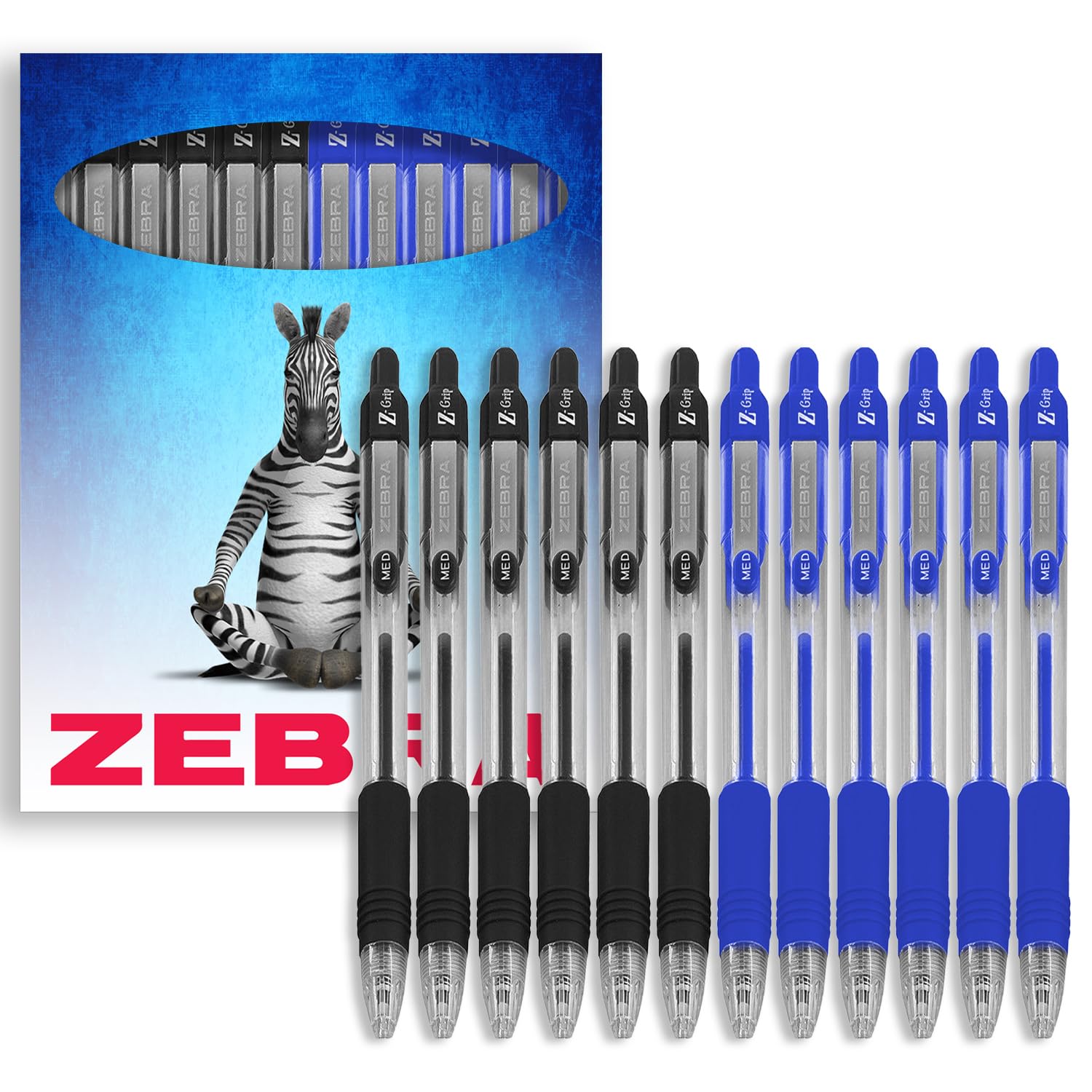 Zebra Z-Grip Retractable Ballpoint Pen - Black & Blue Ink - Pack Of 12 In Zebra Branded Cardboard Wallet Packaging