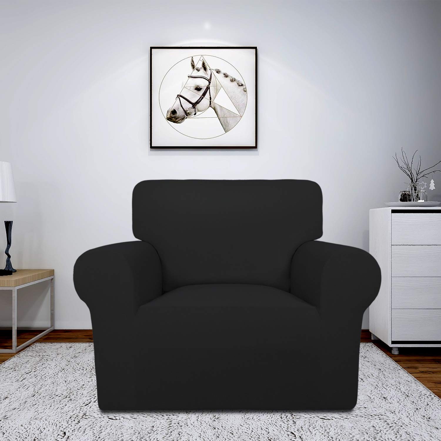 Easy-Going Fleece Stretch Sofa Slipcover Spandex Non-Slip Soft Couch Sofa Cover, Washable Furniture Protector With Anti-Skid Foam And Elastic Bottom For Kids, Pets(Chair, Black)