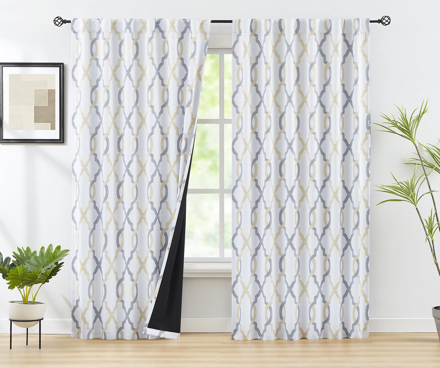 Full Blackout Curtains Yellow Grey Moroccan Tile Printed Geo Energy Efficient Rod Pocket Window Panels For Bedroom Living Room,
