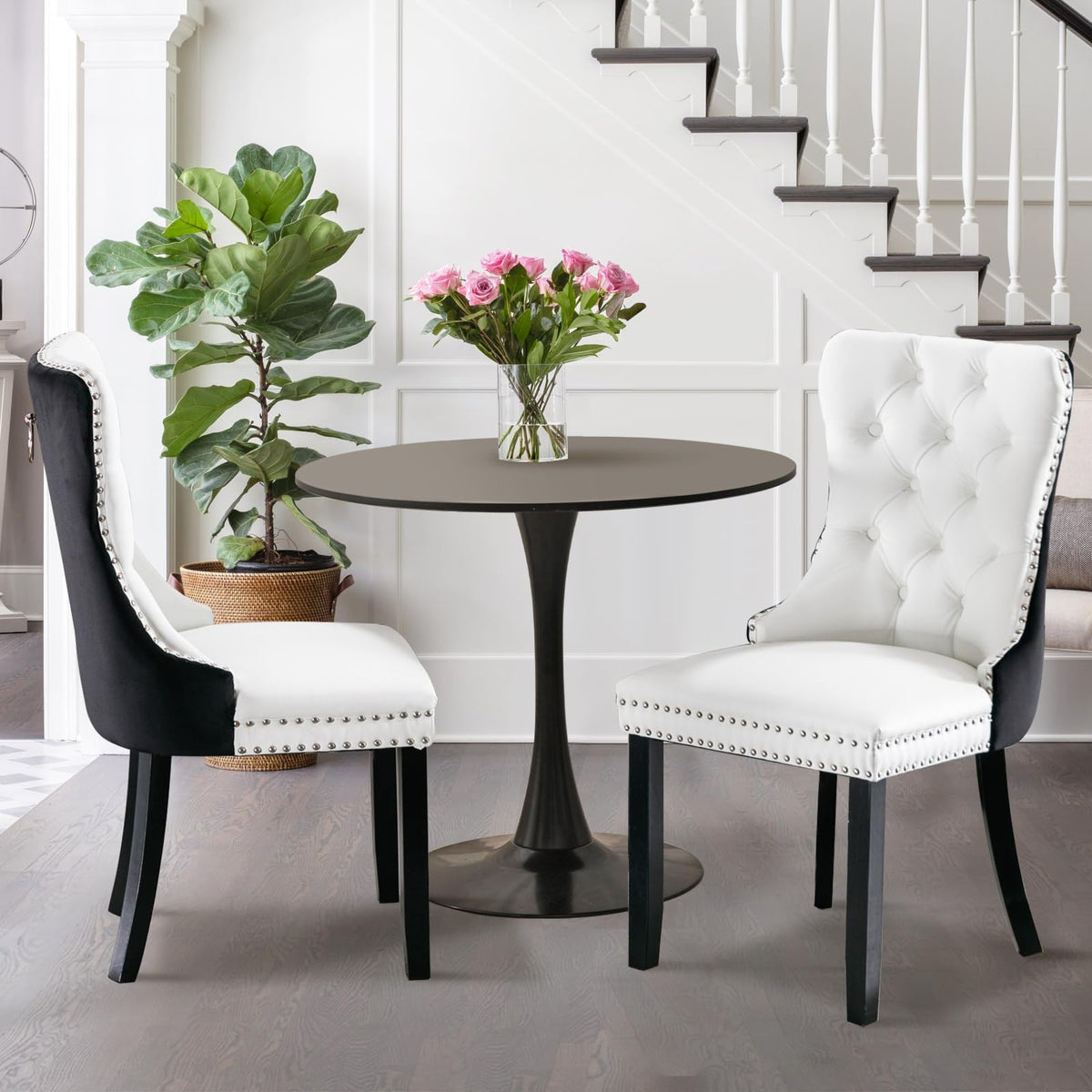 Soartalent 3-Pieces 31.5' Round Dining Table Set For 2, Black Dining Table & Pu & Velvet Upholstered Dining Chairs Set Of 2 For