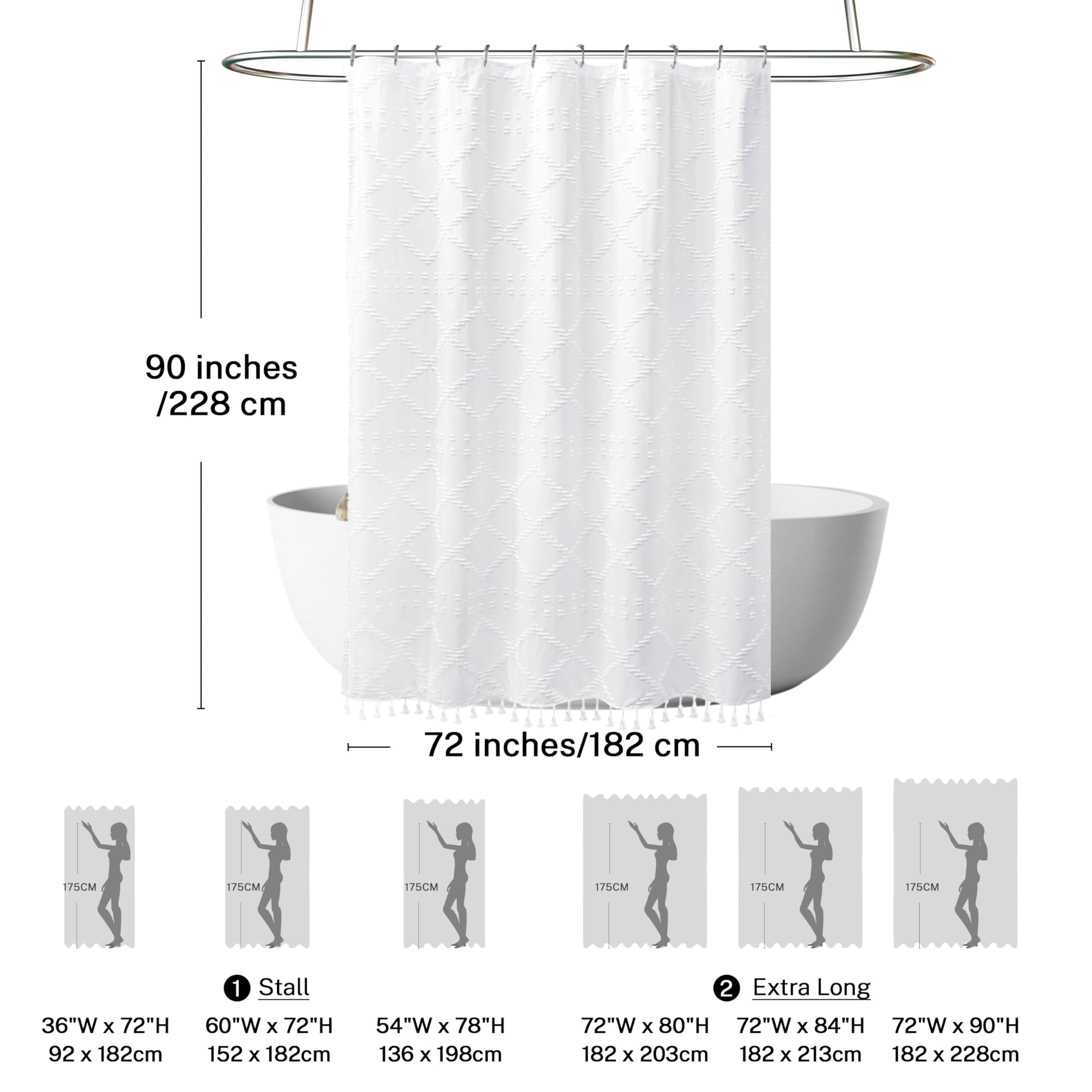 Extra Long White Textured Woven Fabric Boho Shower Curtain With Tassels 72 X 90 Modern Farmhouse Minimalist, Tufted Chevron Stri