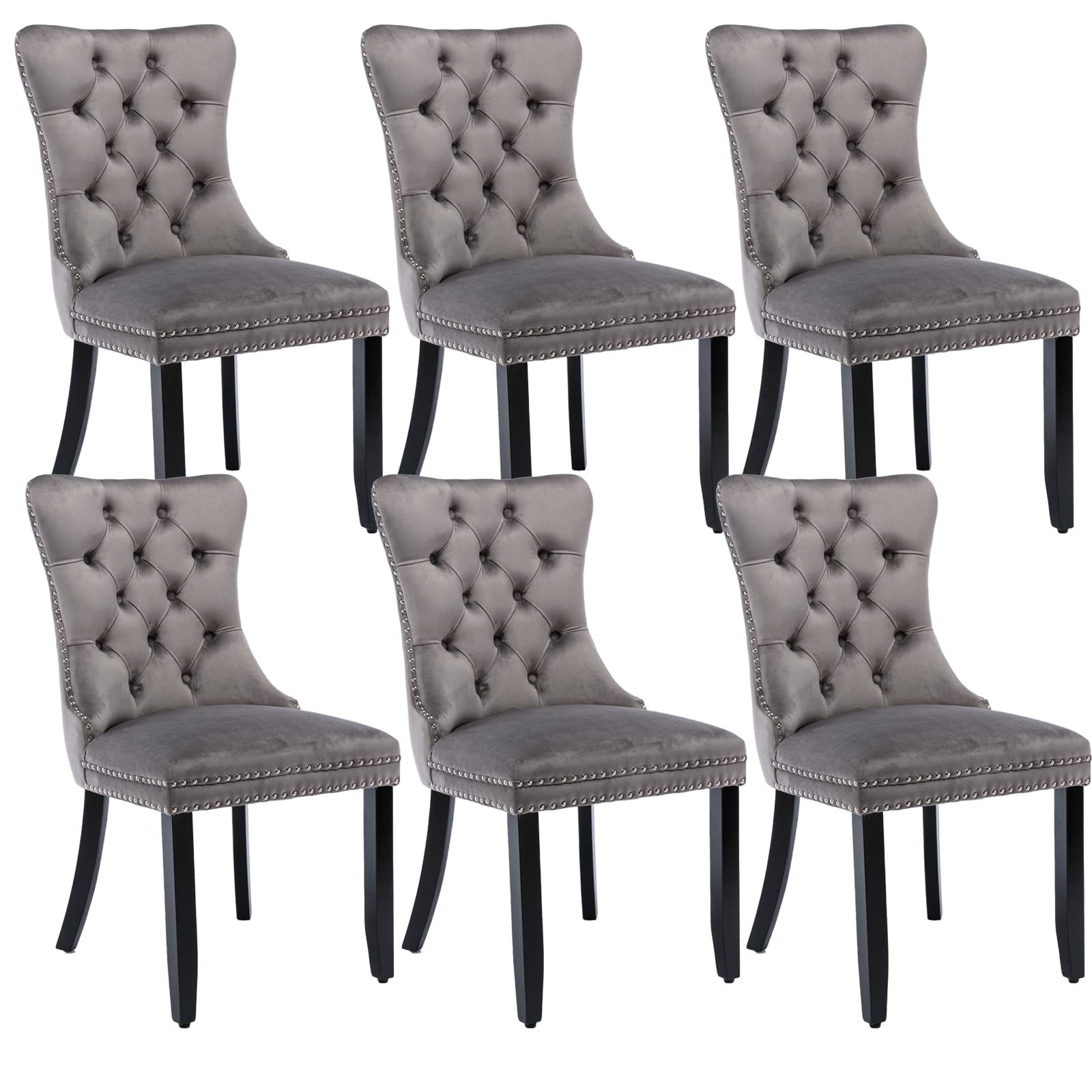 Grey Velvet Dining Chairs Set Of 6, Upholstered Dining Room Chairs With Back Ring Pull Trim And Solid Wood Legs,Tufted Wingback