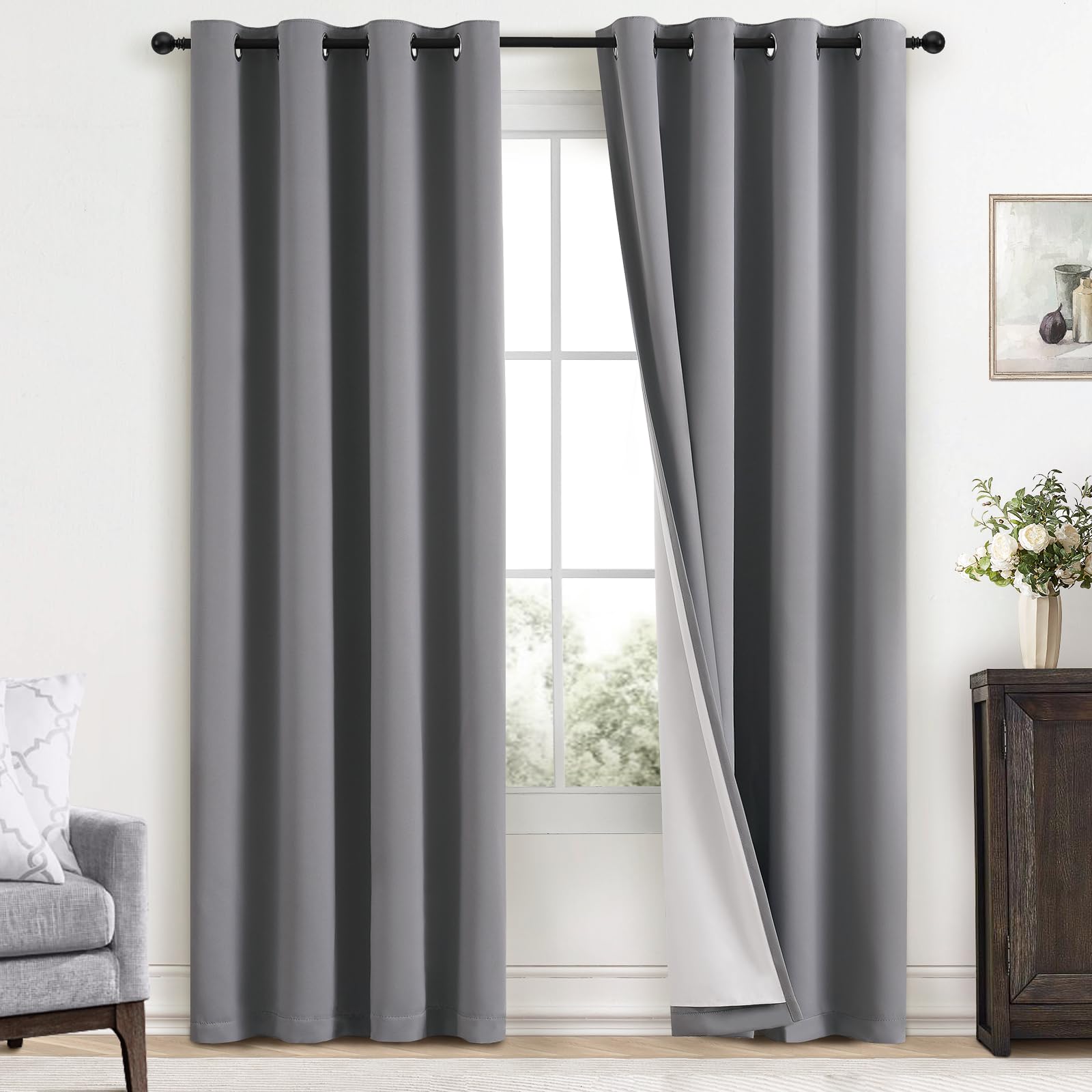 Yakamok Grey Room Darkening 100% Blackout Curtains Grommet Window Treatments With 2 Thick Layers-Gray Thermal Insulated Drapes S