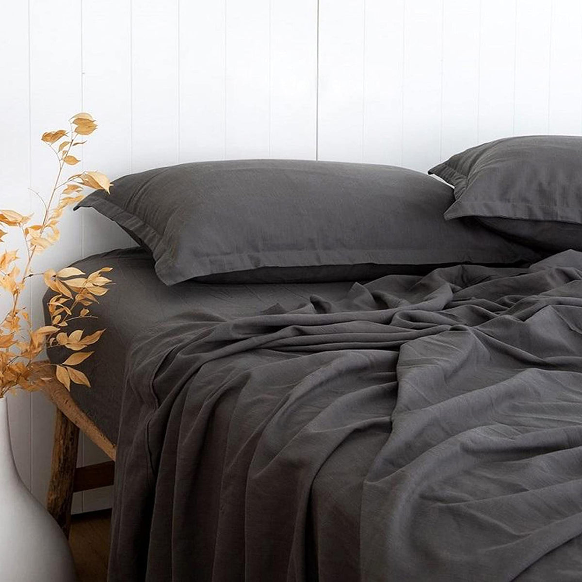 Charcoal Grey Linen-Textured Bed Sheets Set, Bamboo Rayon , Cotton , Linen Blend Bed Sheets Full Size, Soft Cool & Breathable Fo