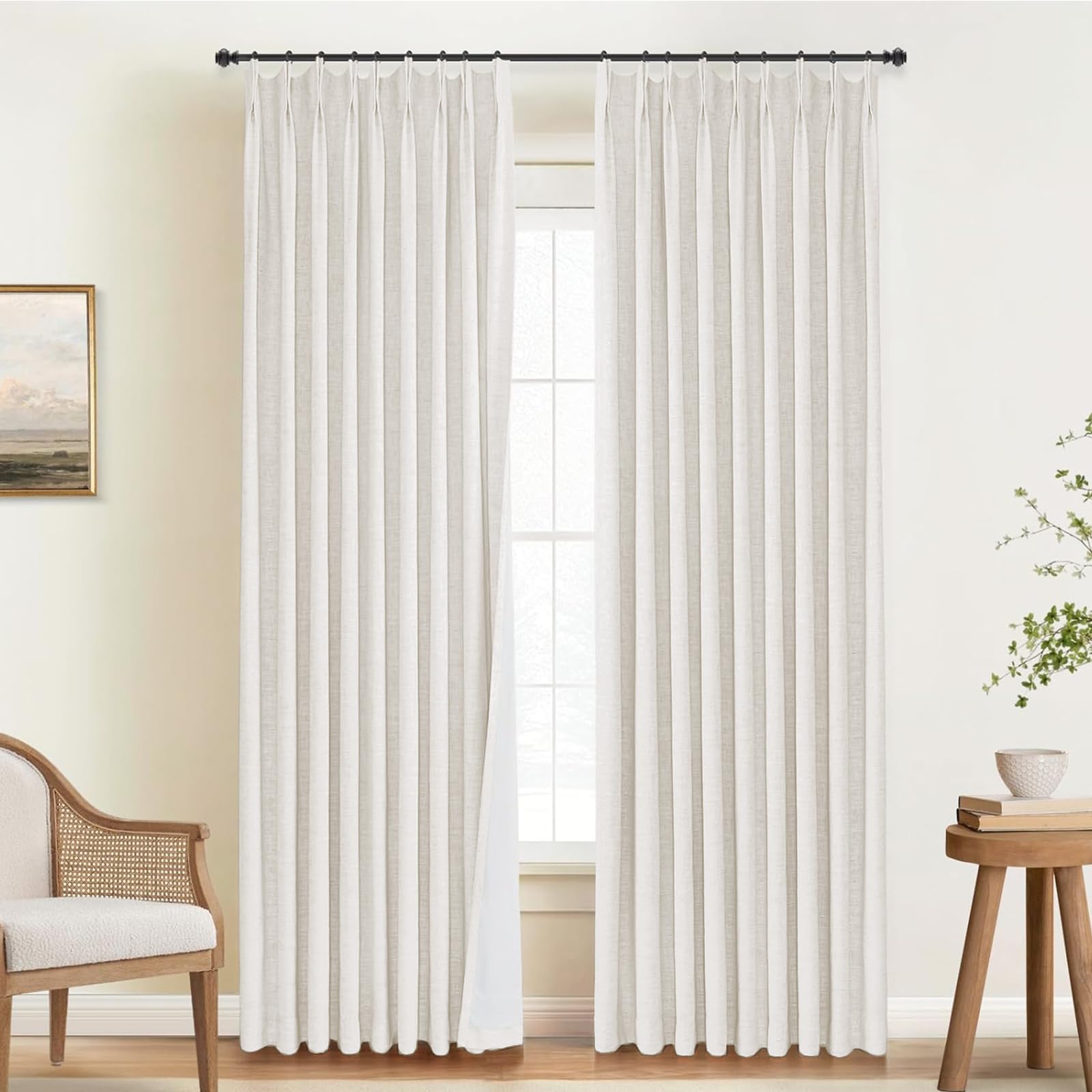 INOVADAY 100% Blackout Curtains for Bedroom, Pinch Pleated Linen Blackout Curtains 102 Inch Length 2 Panels Set, Thermal Room Da