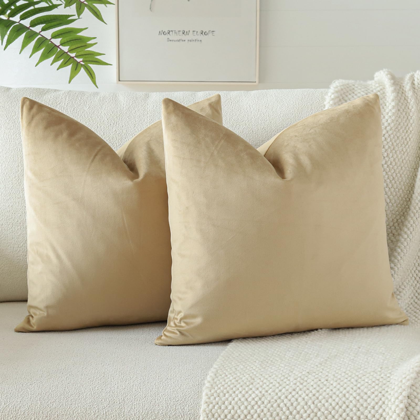 Otostar Pack Of 2 Velvet Soft Decorative Throw Pillow Covers 18 X 18 Inch Solid Square Cushion Case Couch Home Decor Pillow Covers For Sofa Bedroom Living Room (Khaki)