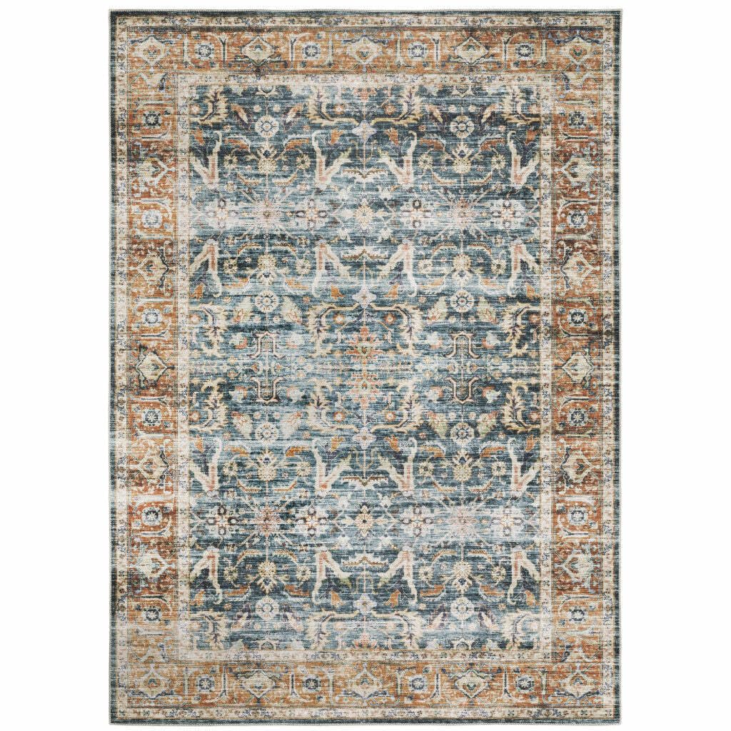 HomeRoots 510390 7 x 10 ft. Blue Rust Gold & Olive Oriental Printed Stain Resistant Non Skid Rectangle Area Rug