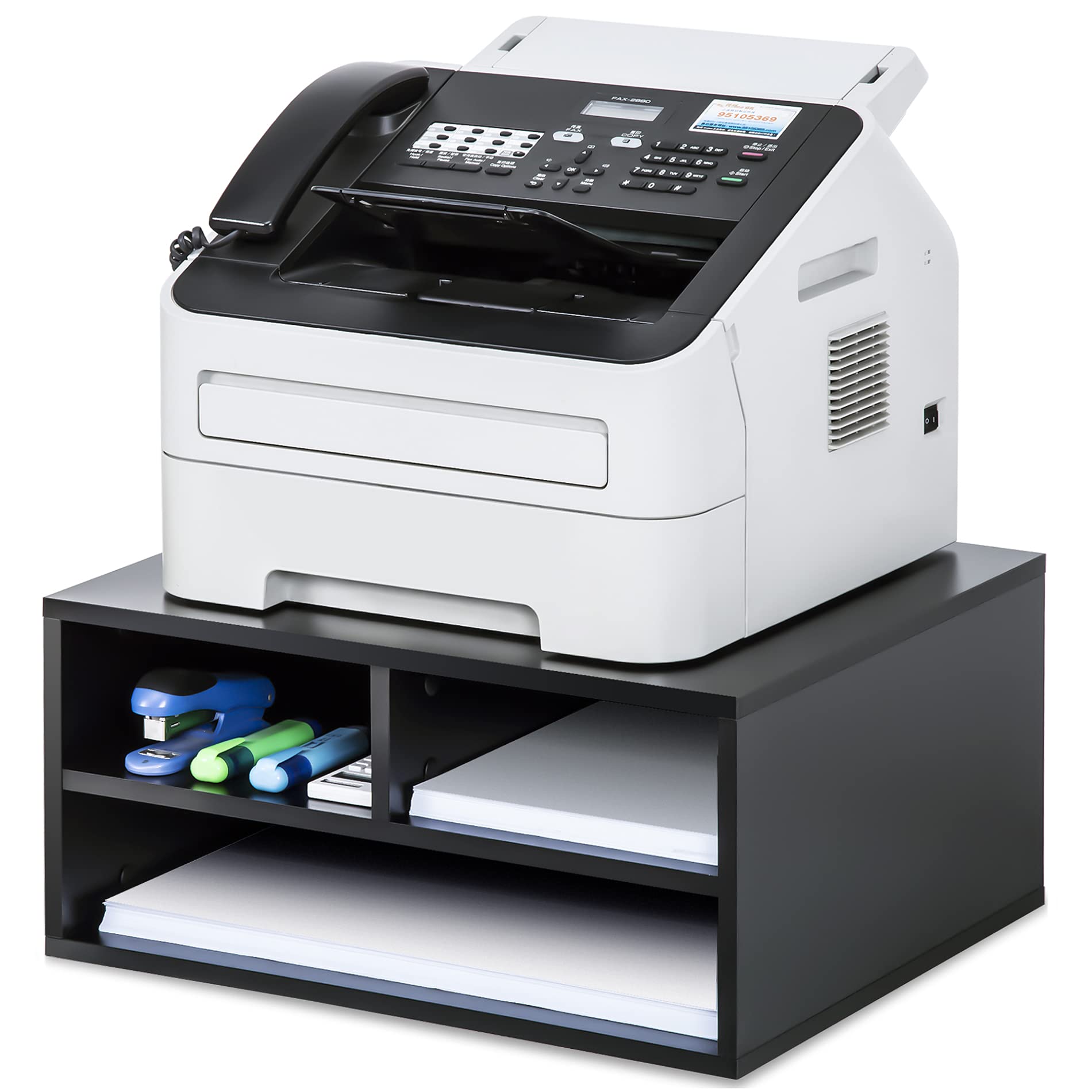 Fitueyes Large Printer Stands With 3 Storage Compartments, Desktop Paper Organizer Shelf For Home Office, 2-Tier Printer Riser,