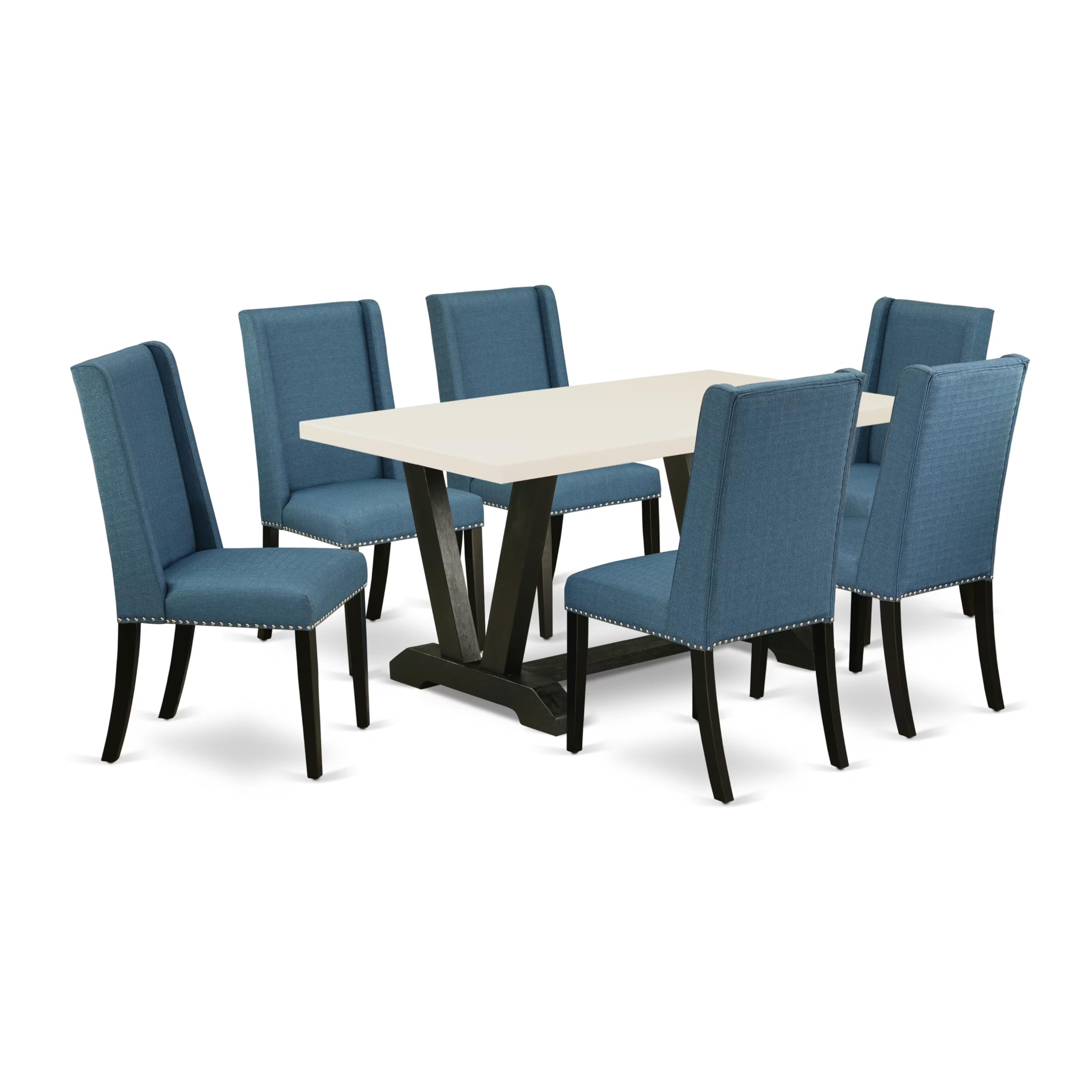 East West Furniture V626Fl121-7 7 Piece Dining Room Table Set Consist Of A Rectangle Kitchen Table With V-Legs And 6 Blue Linen Fabric Parsons Dining Chairs, 36X60 Inch, Multi-Color