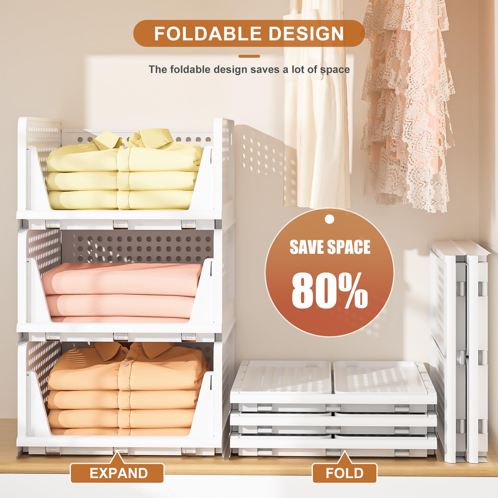 Neprock Clothes Organizers And Storage, 5 Pack Stackable Plastic Bins, Foldable Closet Organizers Drawers For Clothing Storage (5L)(White)